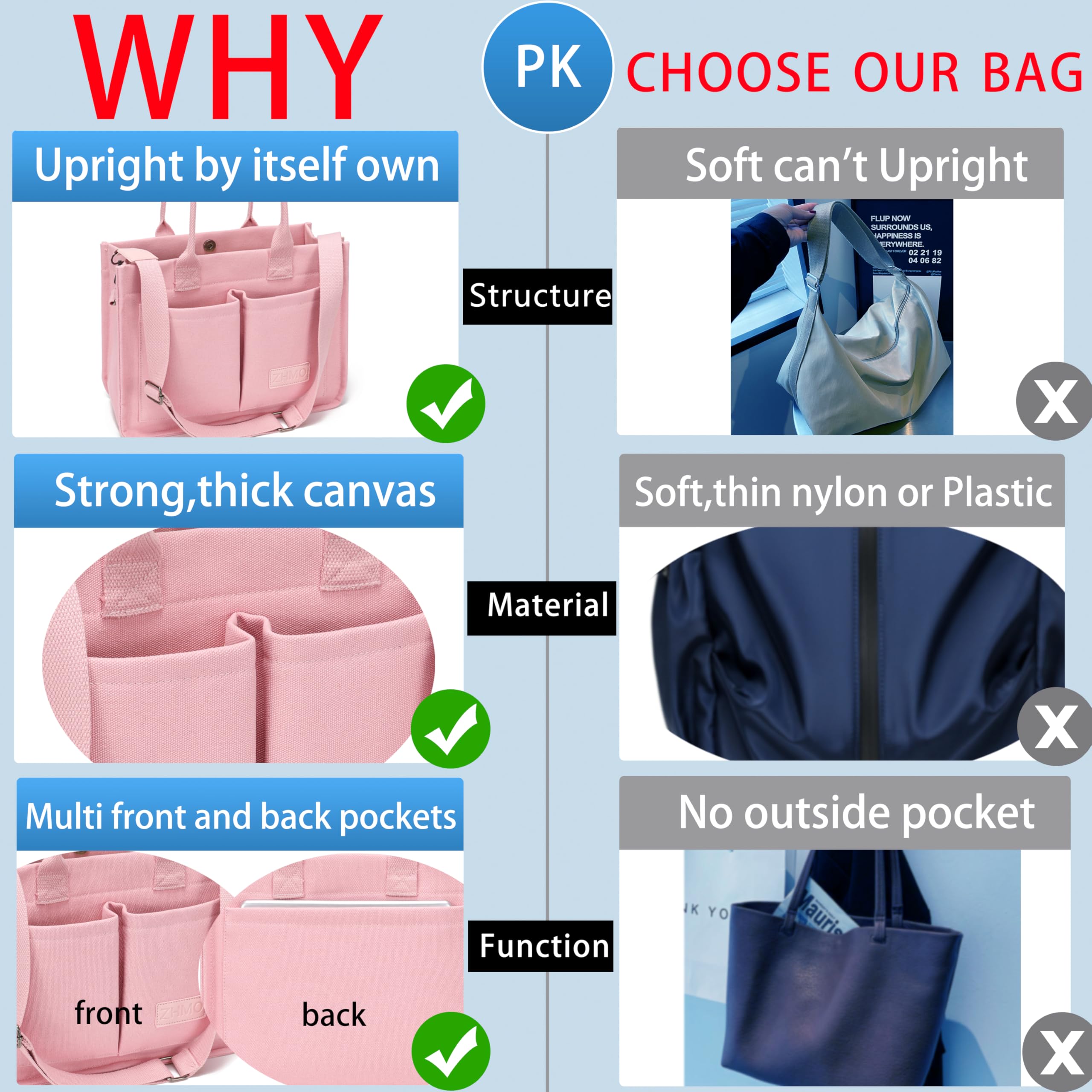 ZHMO Canvas Tote Bag for Women With Compartments and Pockets,Pink Women's Bags Crossbody Bags Work Laptop Tote Bag Large Satchels Handbag Tote Purse Everyday Shoulder Bag for Travel Nurse Teacher Gift