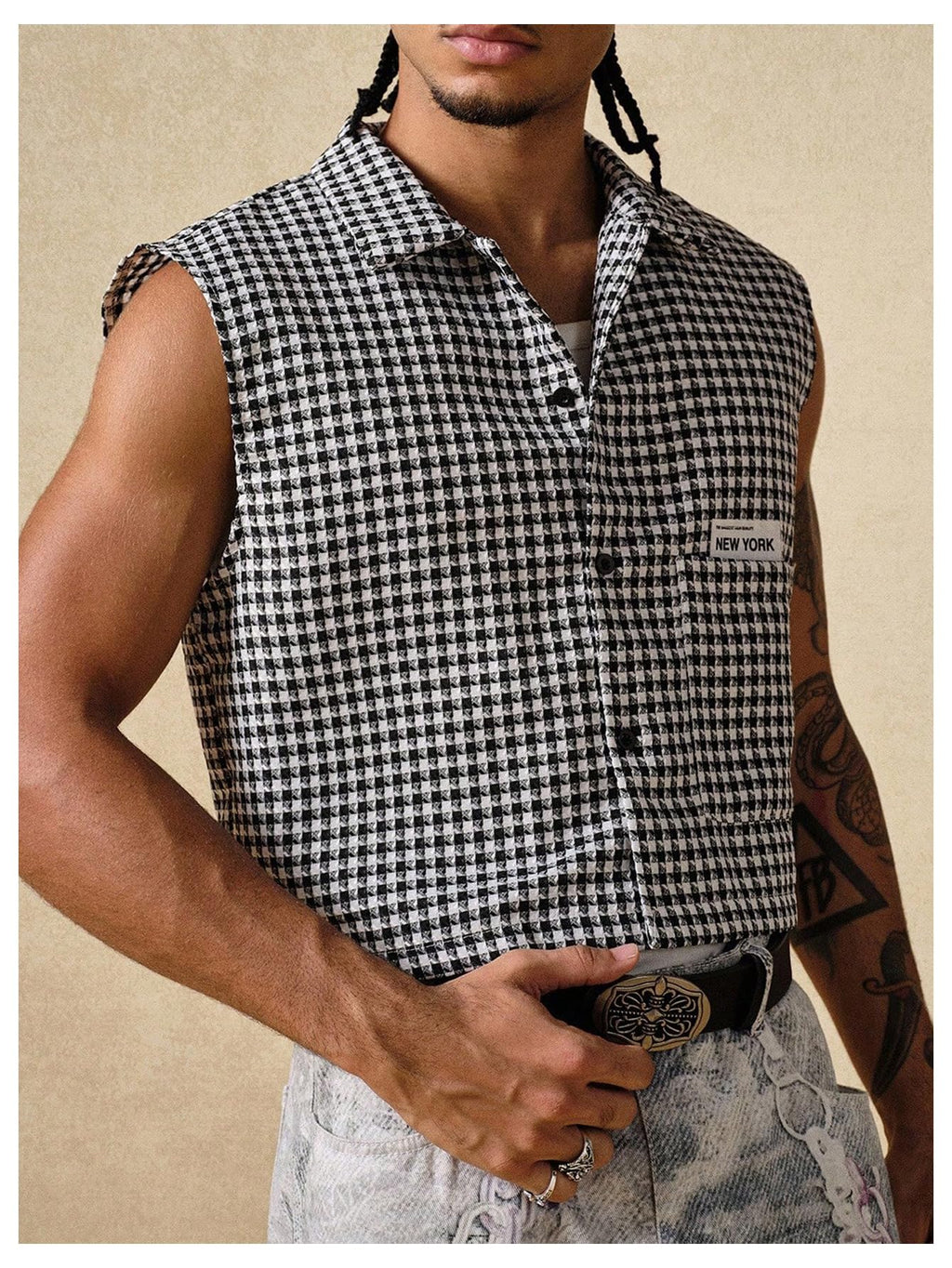 GORGLITTER Men's Gingham Plaid Cropped Shirt Button Up Sleeveless Boxy Y2K Collar Streetwear Vest Tops Black and White Small