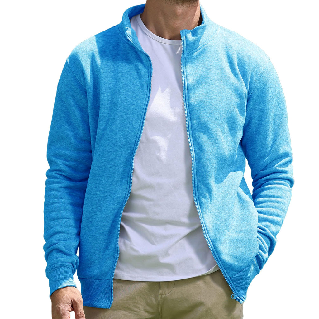 BRAPRO Men's Full-Zip Sweatshirt No Hood Hoodies Stand Collar Cardigan Pockets Jacket Casual & Active Loose Cotton Fleece Blue M