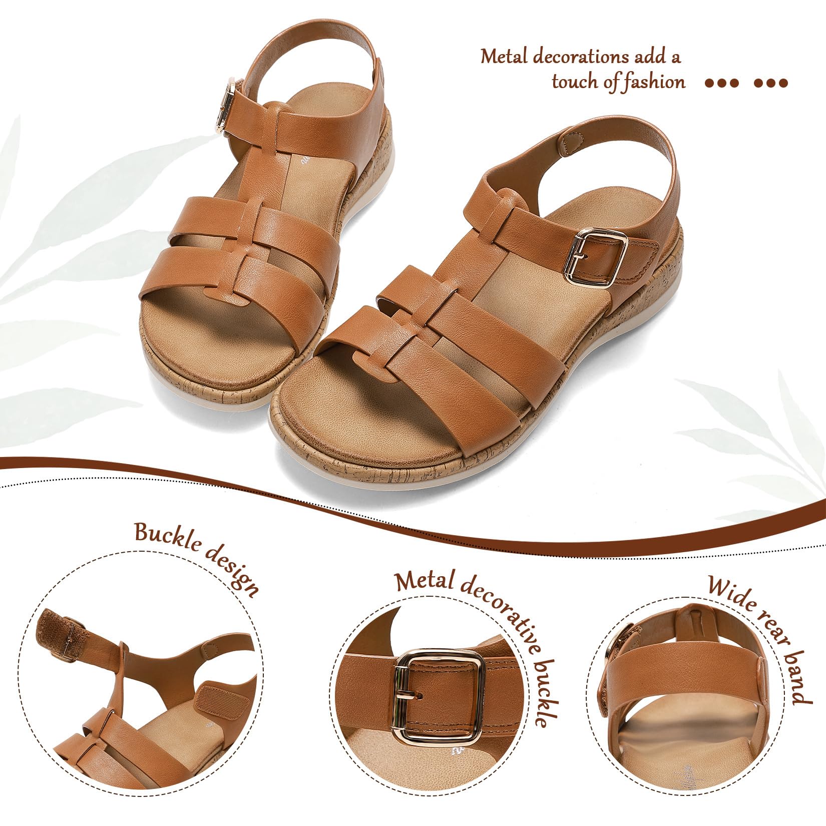 Littleplum Women's Flat Sandals– Comfortable Arch Support Womens Sandals, Summer Breathable Adjustable Orthotic Walking Shoes for Beach,Travel Brown Size 7.5
