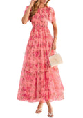 PRETTYGARDEN Tulle Floral Dress Women Summer Wedding Guest 2026 Spring Short Sleeve Maxi Smocked Flowy Beach Party Dresses (Orange Pink Red Floral,Small)