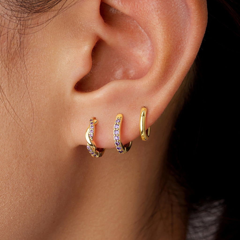 Inerney Gold Amethyst Huggie Hoop Earrings Set for Women, Dainty 14K Small Purple Earring Hypoallergenic Jewelry for Multiple Piercings, Trendy Twisted Cute Cartilage Hoops February Birthstone Gift