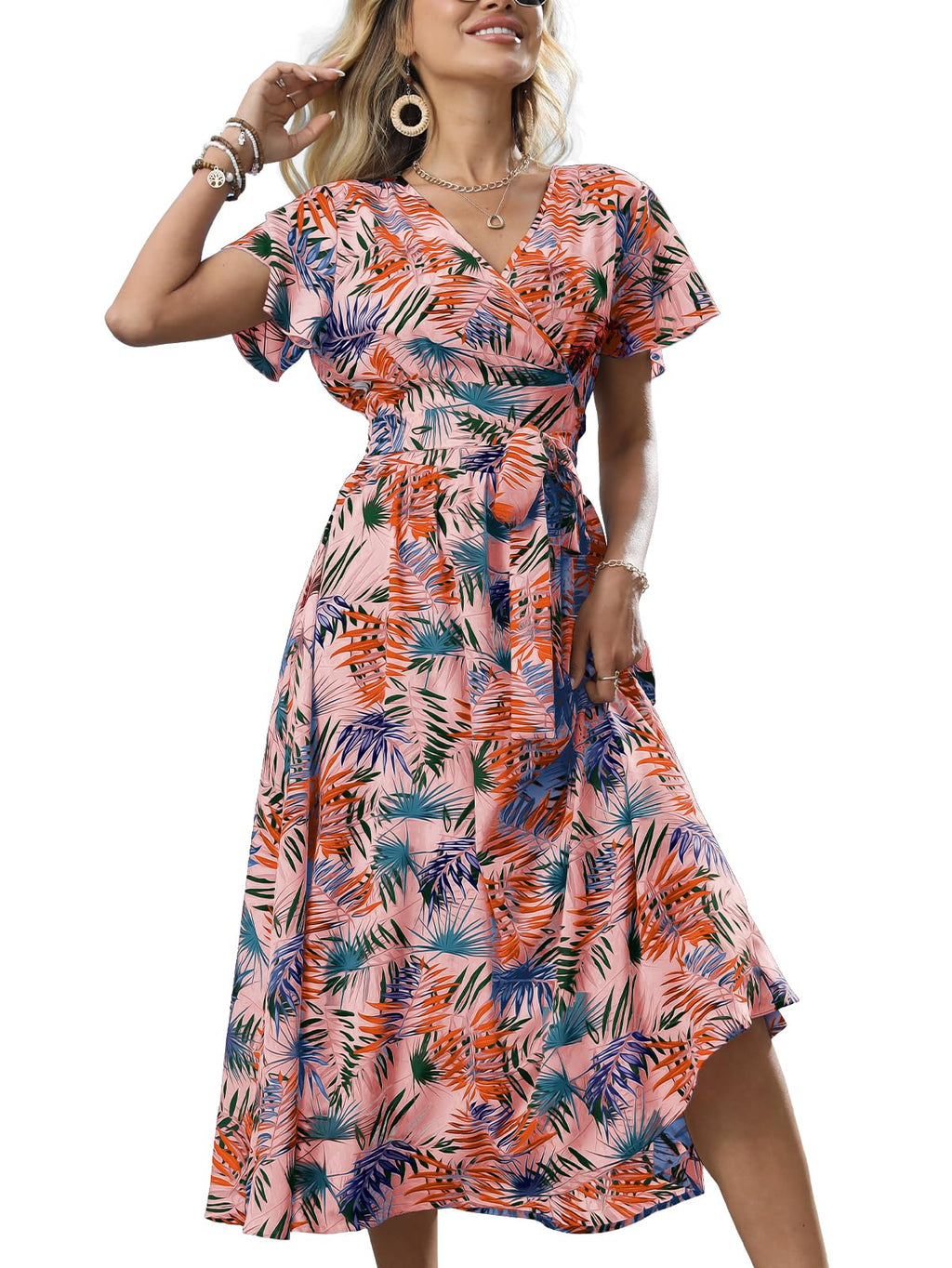 Women's Boho Summer Wrap Midi Dress - Palm Leaf Floral Print V-Neck Ruffle Short Sleeve Casual Beach Vacation Dress Size L Pink