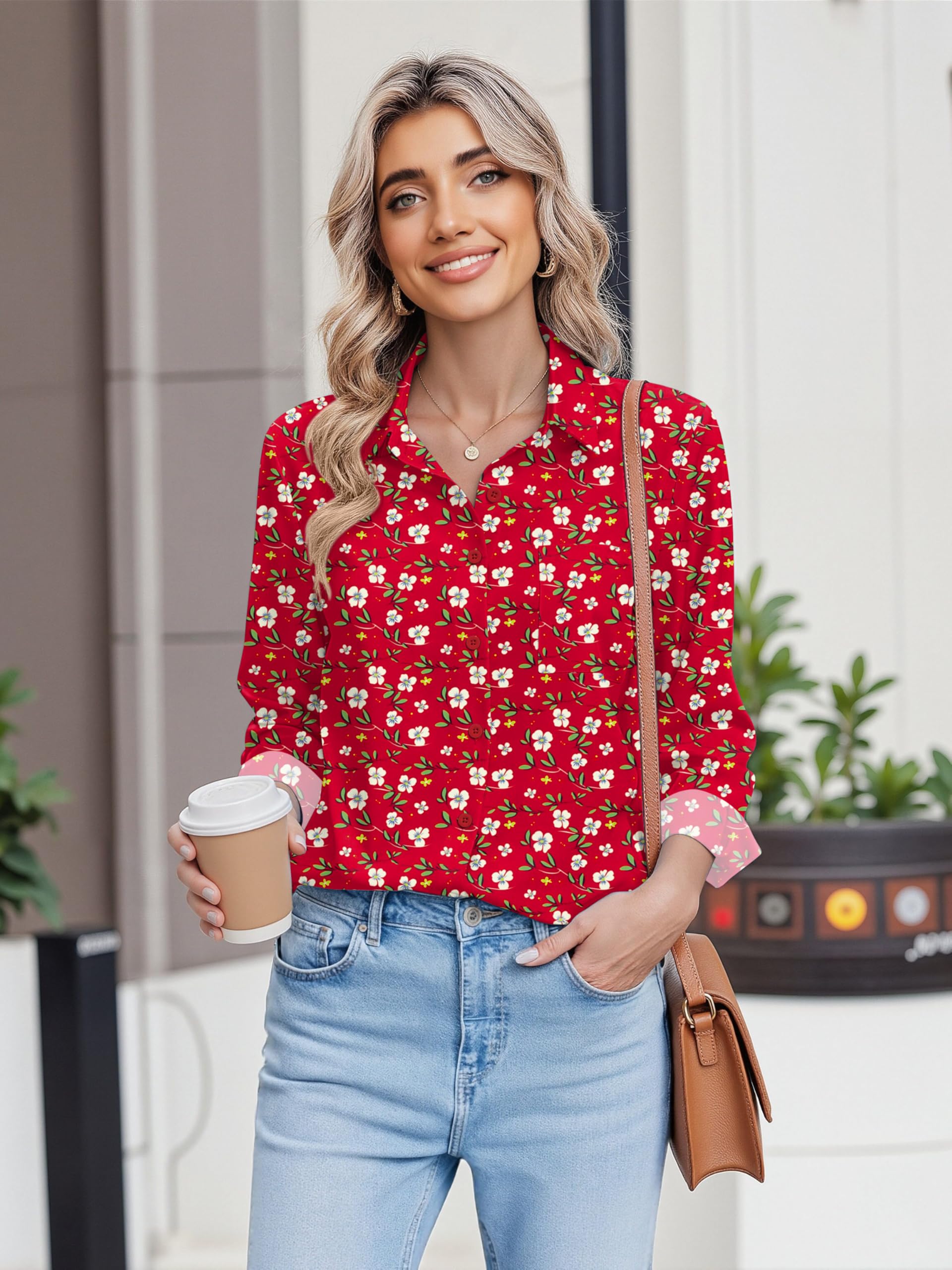 HOTOUCH Button Down Shirts for Women Red Floral Dressy Tops Long Sleeve Casual Blouses Spring Fashion S