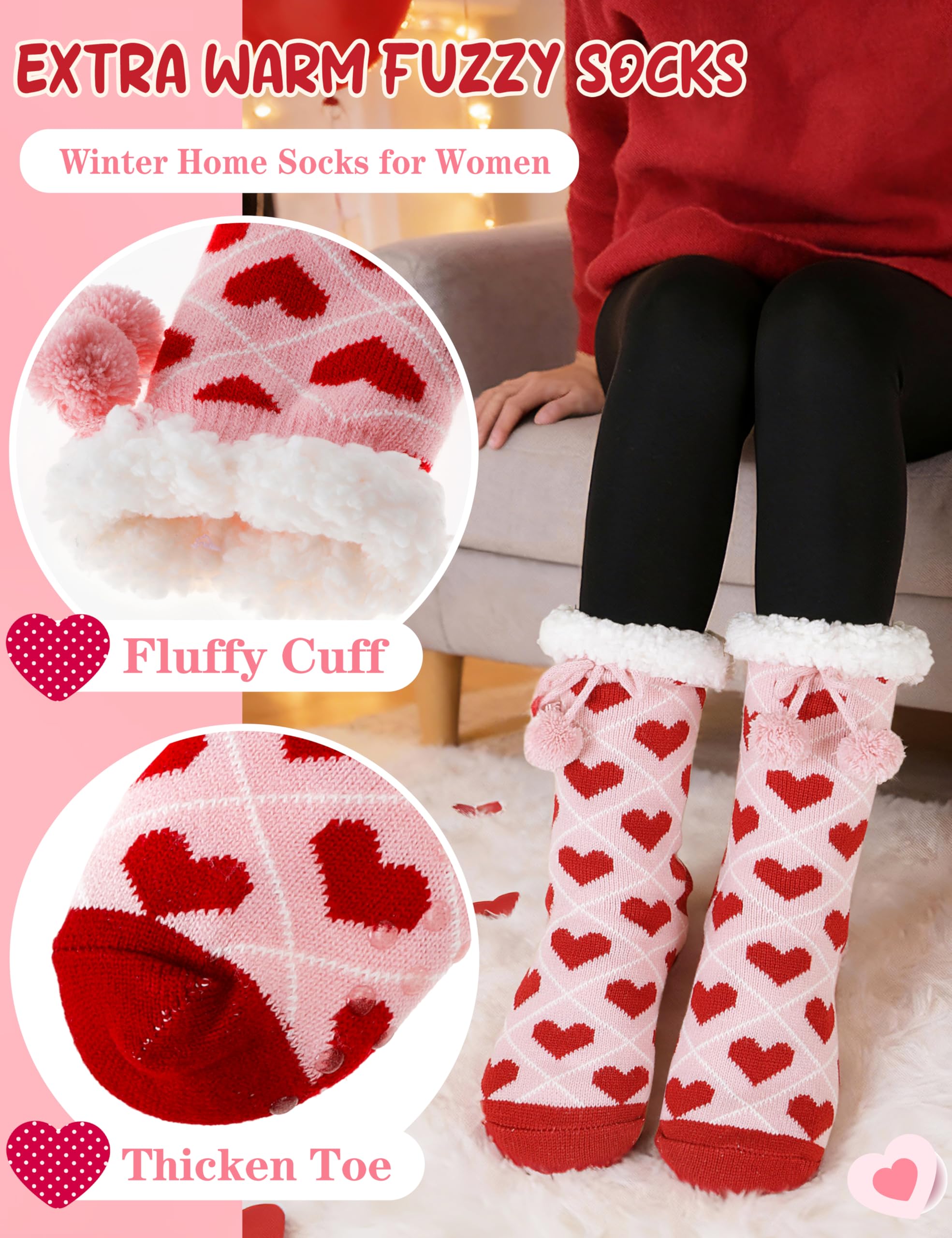 MOGGEI Fuzzy Slipper Socks for Women Galentines Day Gifts Fluffy Thermal Warm Winter Thick Cozy Non Slip Grips Plush Cabin Comfy Heart Socks Stocking Stuffers