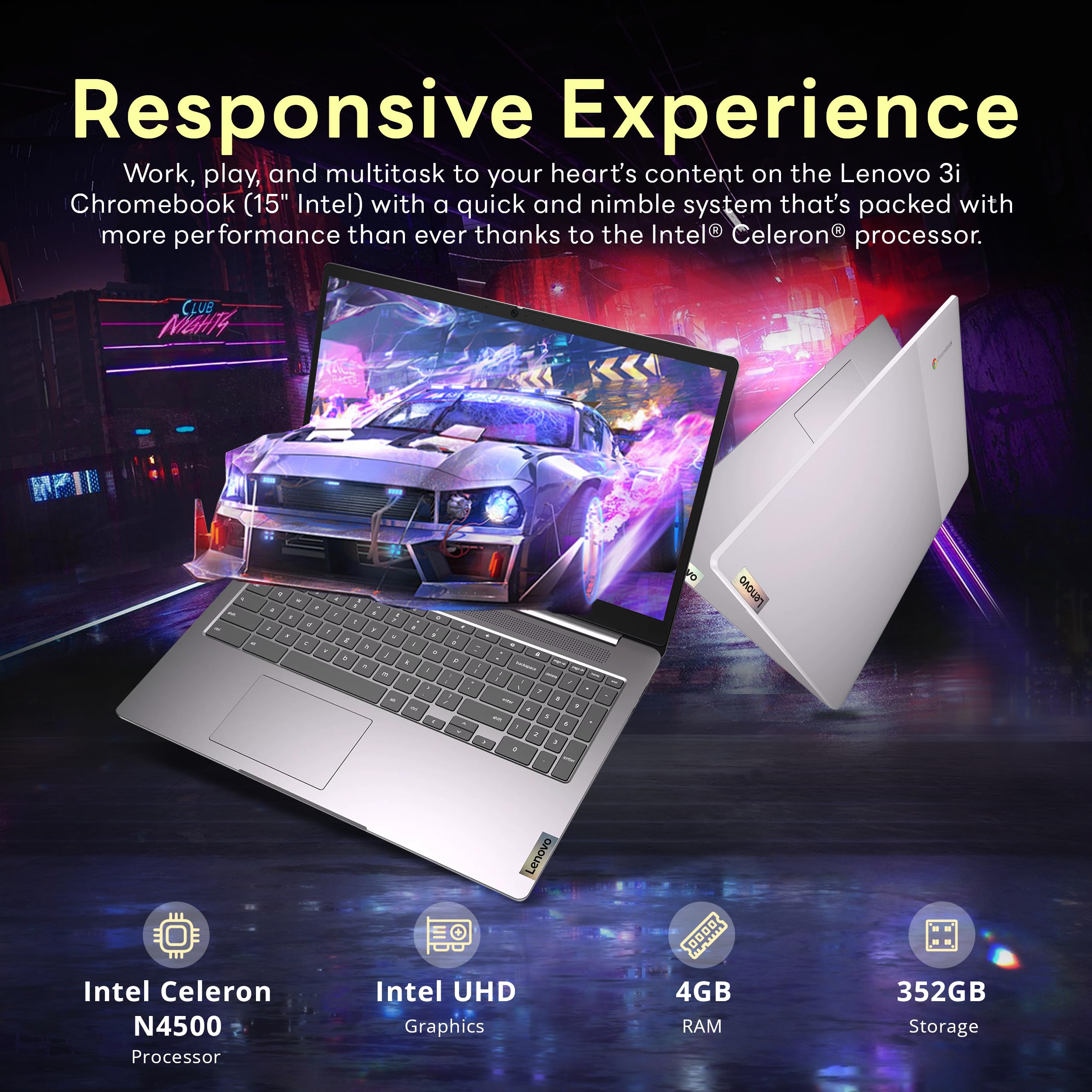 Lenovo Ideapad 3 15.6" FHD Chromebook, Intel Celeron N4500, 4GB RAM, 352GB Storage (64GB SSD+288GB Docking Station Set), ‎Intel UHD Graphics, Full Size Keyboard, Chrome OS, Artic Gray