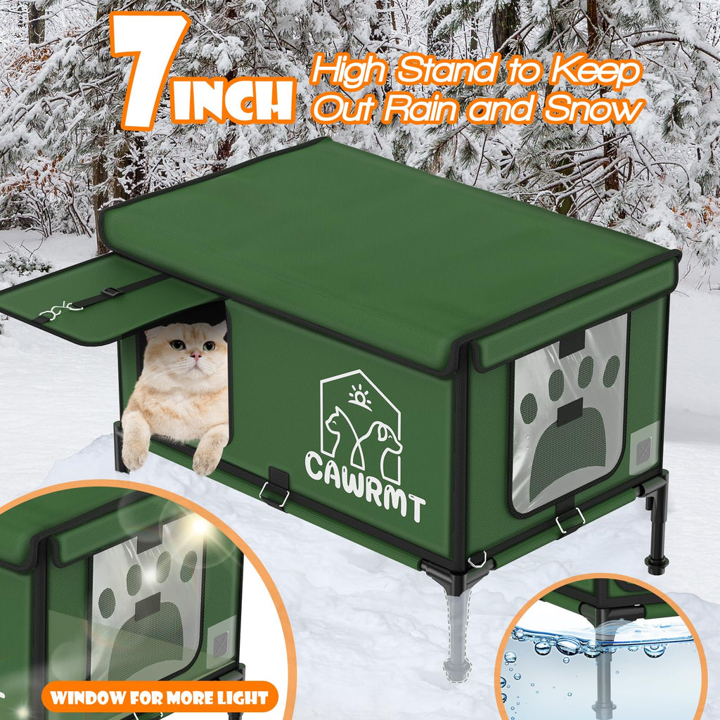 Outdoor Cat House, Waterproof Heated Elevated Cat House for Outside with a Heating Pad, Protect Stray Animal from Rain Snow Hailstone Easy Assembly (Green, Large-21.65 * 13.77 * 18.7)