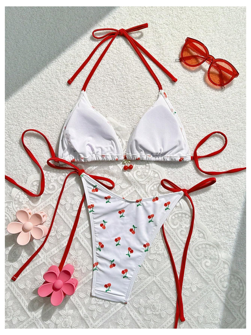 WDIRARA Women's 2 Piece Swimsuit Cherry Print Bikini Set Halter Triangle Bikini Side Tie String Bathing Suits White Red Large