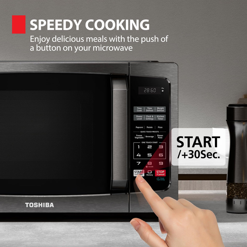 TOSHIBA ML-EM09PA(BS) Small Microwave Oven with 6 Auto Menus, Mute Function & Child Lock, LED Lighting, 0.9 Cu Ft, 10.6 Inch Removable Turntable, 900W, Countertop, Black Stainless Steel