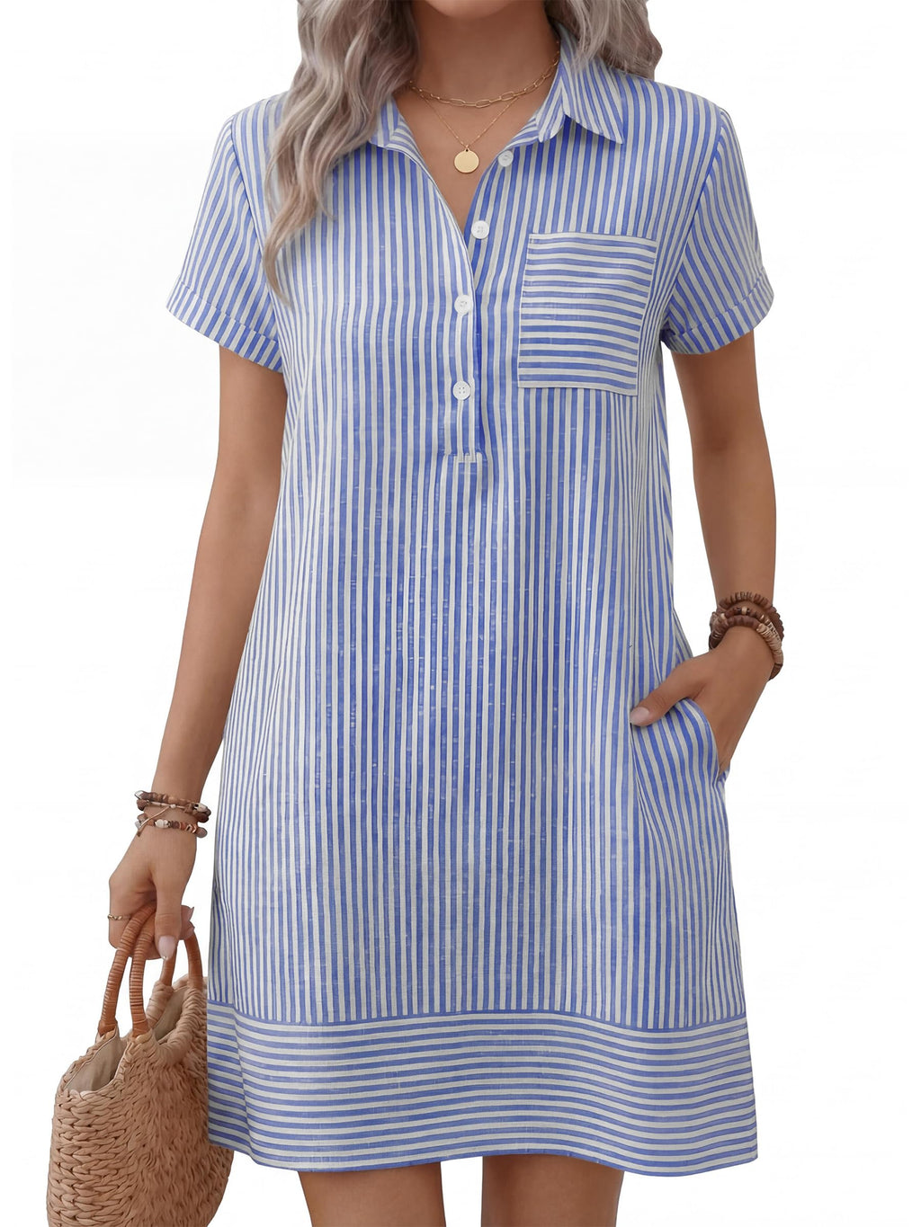 ANRABESS Womens Summer Shirt Dresses Casual Short Sleeve Button Tshirt Shift Short Polo Dress 2026 Beach Vacation Clothes Blue White Stripe Small