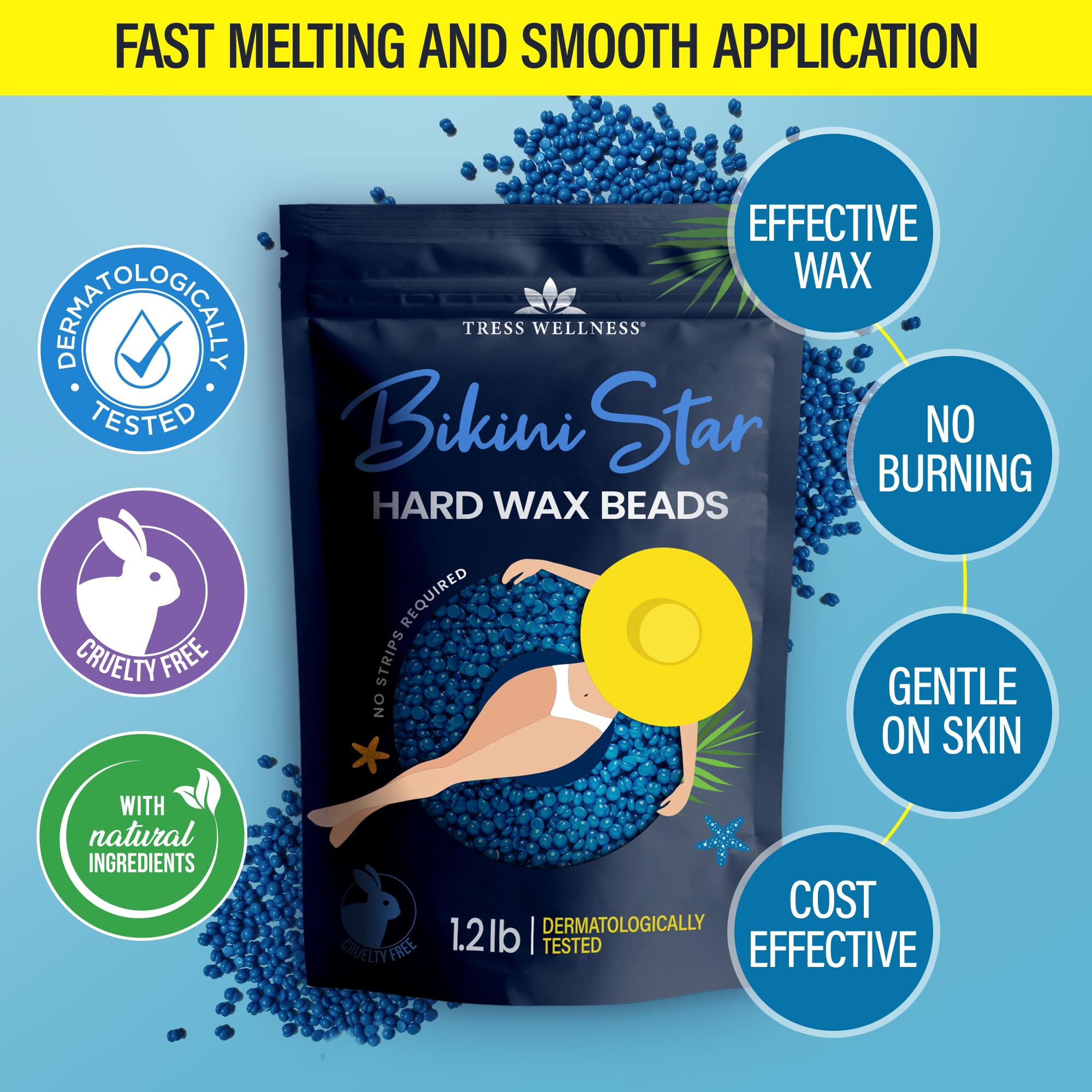 Tress Wellness Wax Beads - Safe for Skin - Dermatologically Tested - At-Home Kit for Bikini, Brazilian & Full Body - Bikini Star 1.2lb