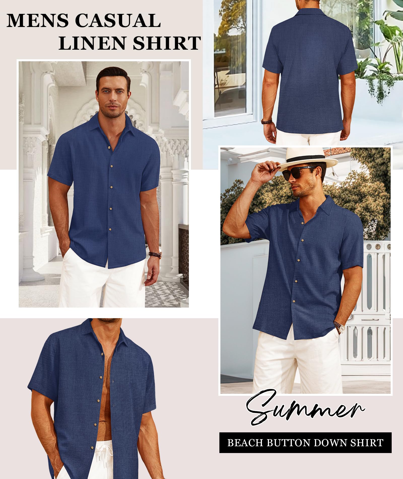 CURBODO Linen Blend Shirts for Men Casual Short Sleeve Button Down Shirt Cool Summer Beach Wedding Vacation Tops Navy Blue M
