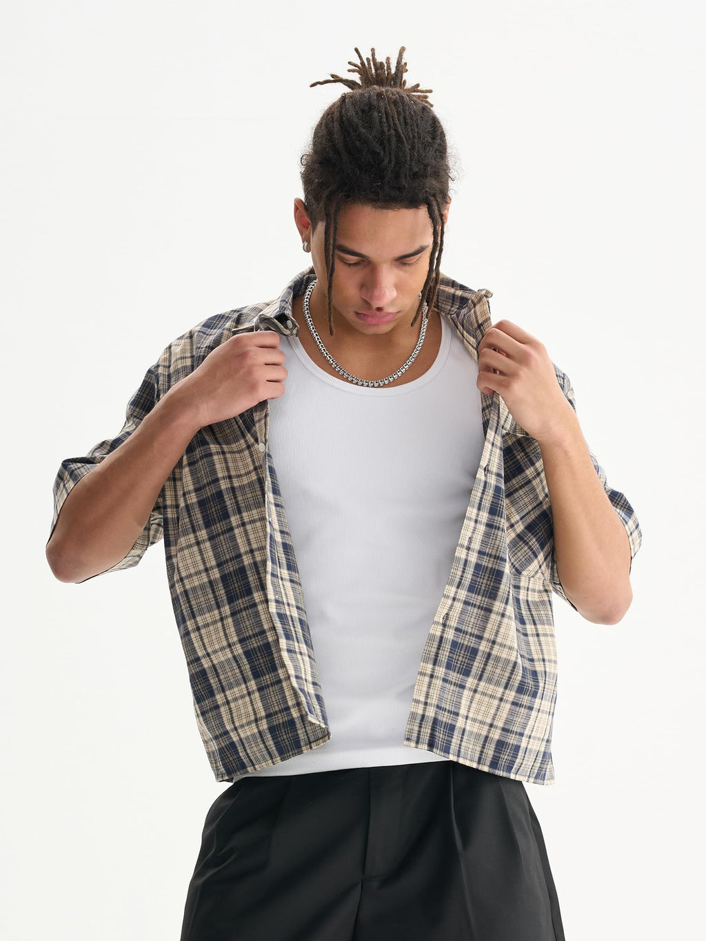 Comfy Quality Boxy Fit Cropped Check Men's T-Shirts Streetwear Short Sleeve Button Down Tops Shirts for Man (US, Alpha, Large, Regular, Regular, Blue)