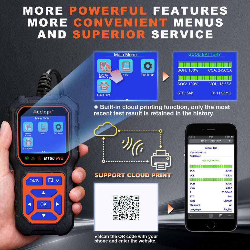 Acclope BT60 PRO Car Battery Tester 6V/12V/24V, 2–120Ah, 100–3000 CCA, Alternator & Starter/Charging System Analyzer, Automotive Load Test, QR Cloud Report (No App), for Car Truck Motorcycle Marine/RV