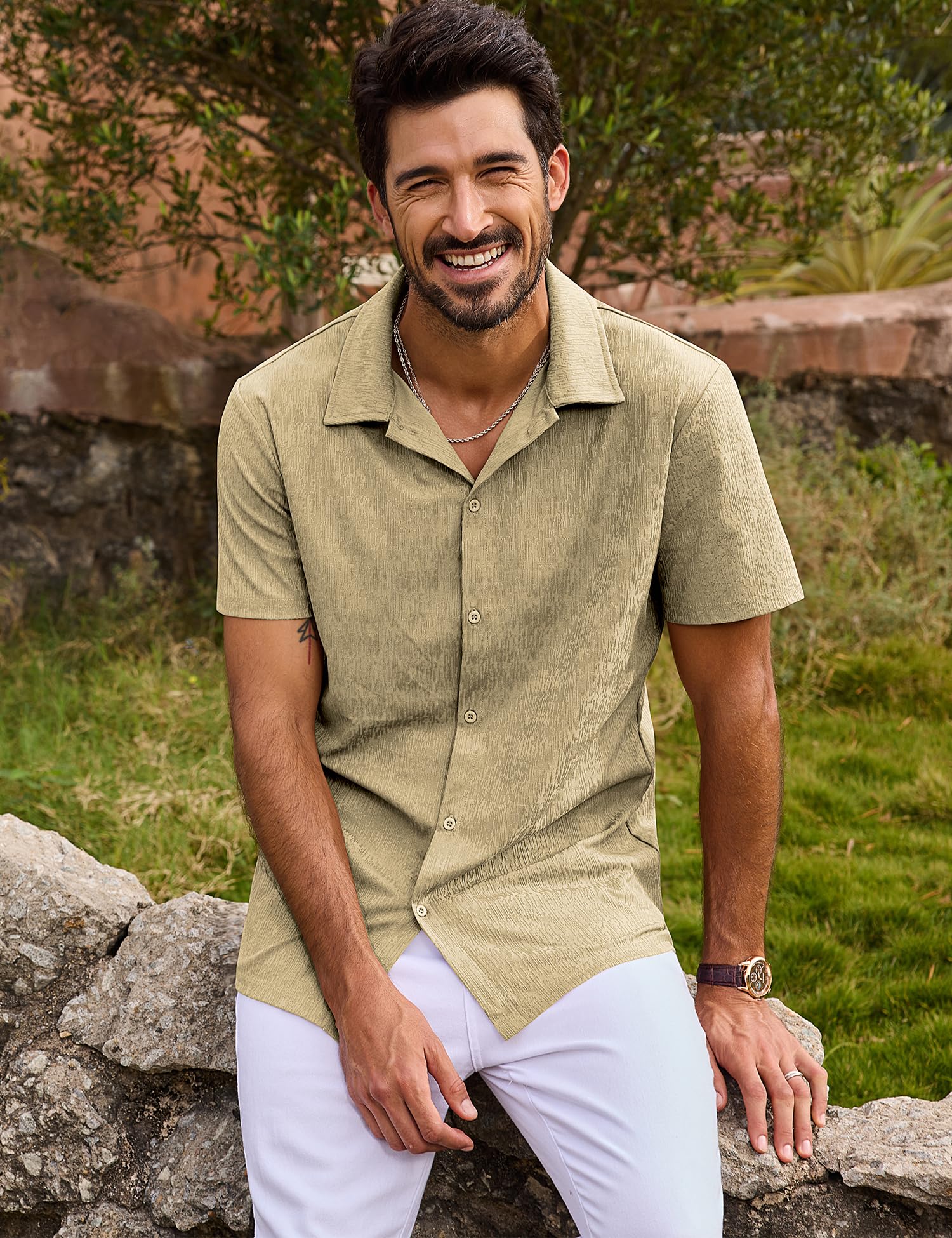 URRU Mens Short Sleeve Dress Shirts Stretch Wrinke Free Casual Button Down Untucked Summer Beach Shirt Light Army Green XL