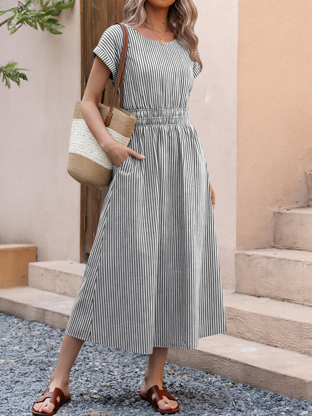 ANRABESS Womens Summer Midi Dress Striped Casual Short Sleeve Crewneck Empire Waist 2026 Flowy Long Beach Dress with Pockets Black White Stripe Large