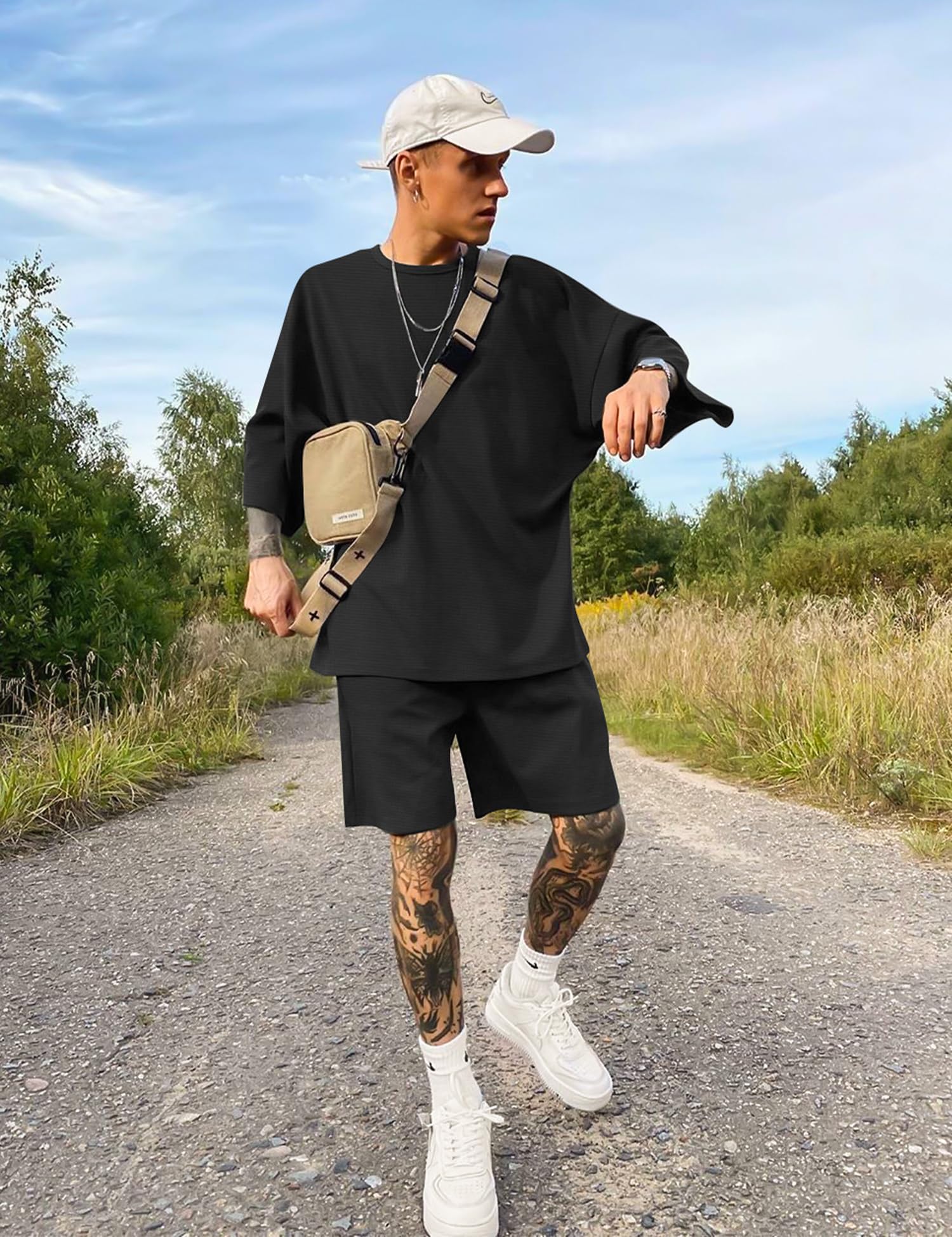 Babioboa Men's Casual set Tee TShirt Suit 2 pockets two piece outfit Homewear Summer oversize Tracksuit for men(Black,S)