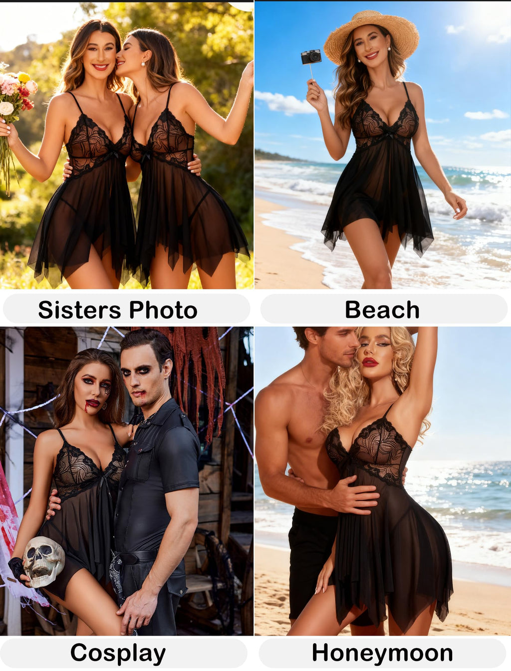 Avidlove Women Lingerie Lace Babydoll V Neck Sleepwear Strap Chemise Black L