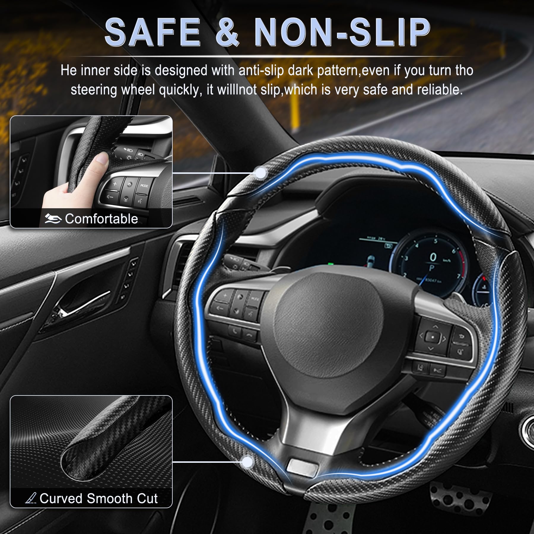 Amiss 3pcs Carbon Fiber Anti-Skid Steering Wheel Cover, Waterproof & Segmented Butterfly Design, Universal 99% Vehicle Wheel Cover Protector, Car Interior Accessories, Black