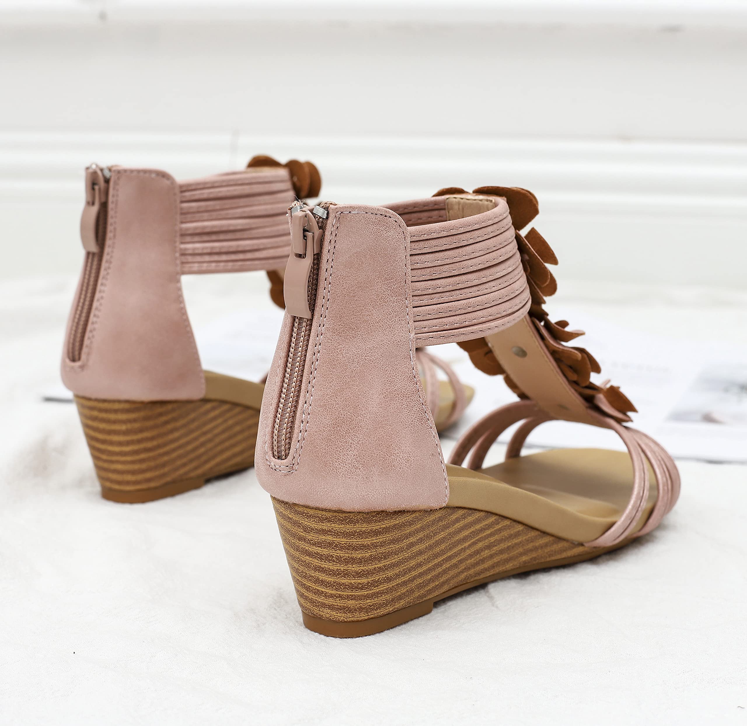 FRALOSHA Wedge Sandals for Women Open Toe Casual Summer Flower Roman High Heel Breathable Beach Sandals Pink 8.5