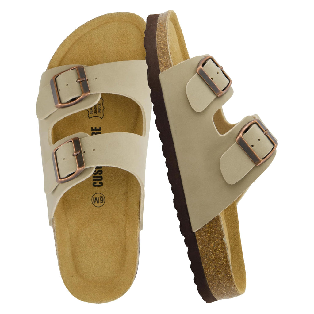 CUSHIONAIRE Lane Cork Footbed Womens Sandals Comfortable Double Buckle Slip On Sandals for Women with Arch Support and Classic Two Strap Design, STONE 8W