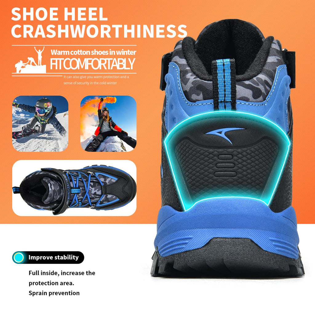 Littleplum Kids Snow Hiking Boots Antiskids Waterproof Booties Outdoor Shoes for Boys Girls Black Blue Size 13 Little Kid