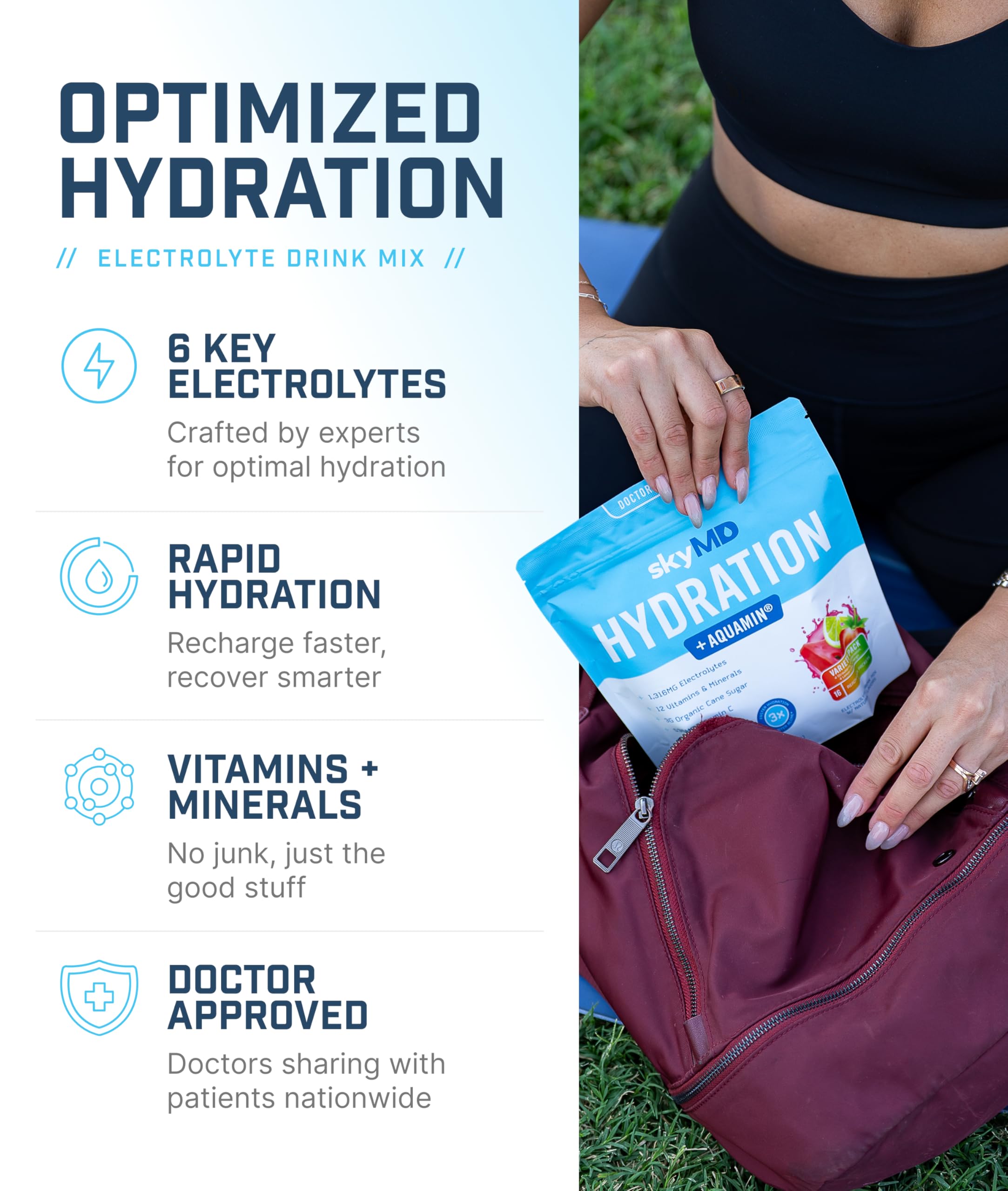 SkyMD Hydration packets with electrolytes powder- Add to water or any liquid- Hydration Multiplier Variety Pack: Lemon Lime, Passion Fruit, Strawberry, Watermelon- Great source of Vitamin C- 16 Sticks