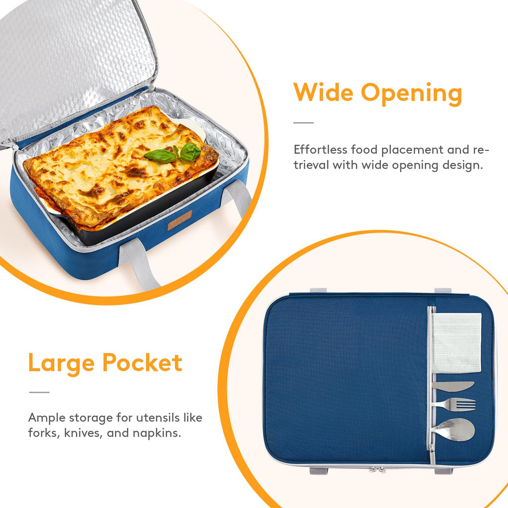 LUNCIA Insulated Double Decker Casserole Carrier, Lasagna Lugger Tote Keeps Food Hot or Cold, Thermal Lunch Bag for Potluck Parties, Picnic and Cookouts, Fits 9" x 13" Baking Dish, Pure Blue