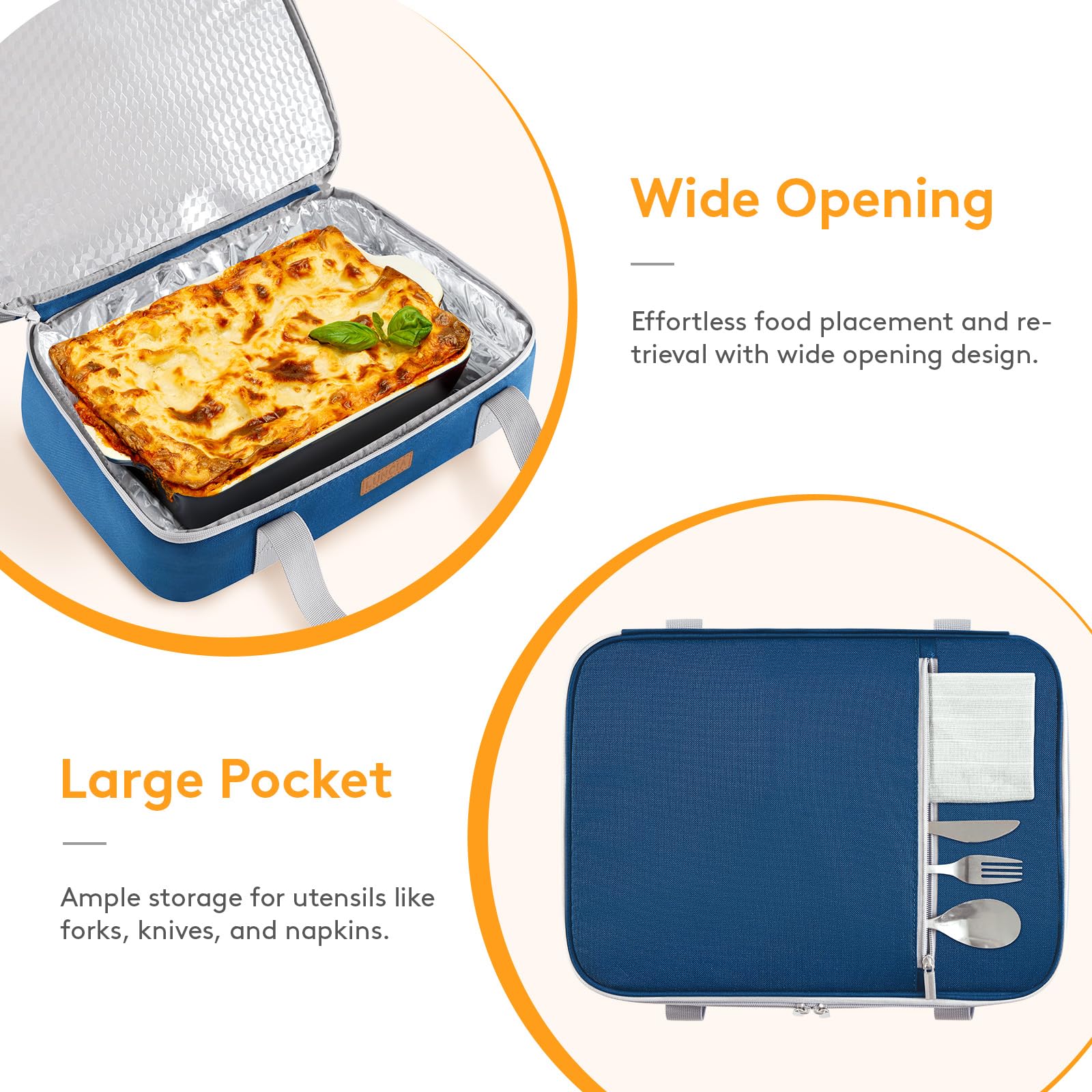 LUNCIA Insulated Double Decker Casserole Carrier, Lasagna Lugger Tote Keeps Food Hot or Cold, Thermal Lunch Bag for Potluck Parties, Picnic and Cookouts, Fits 9" x 13" Baking Dish, Pure Blue