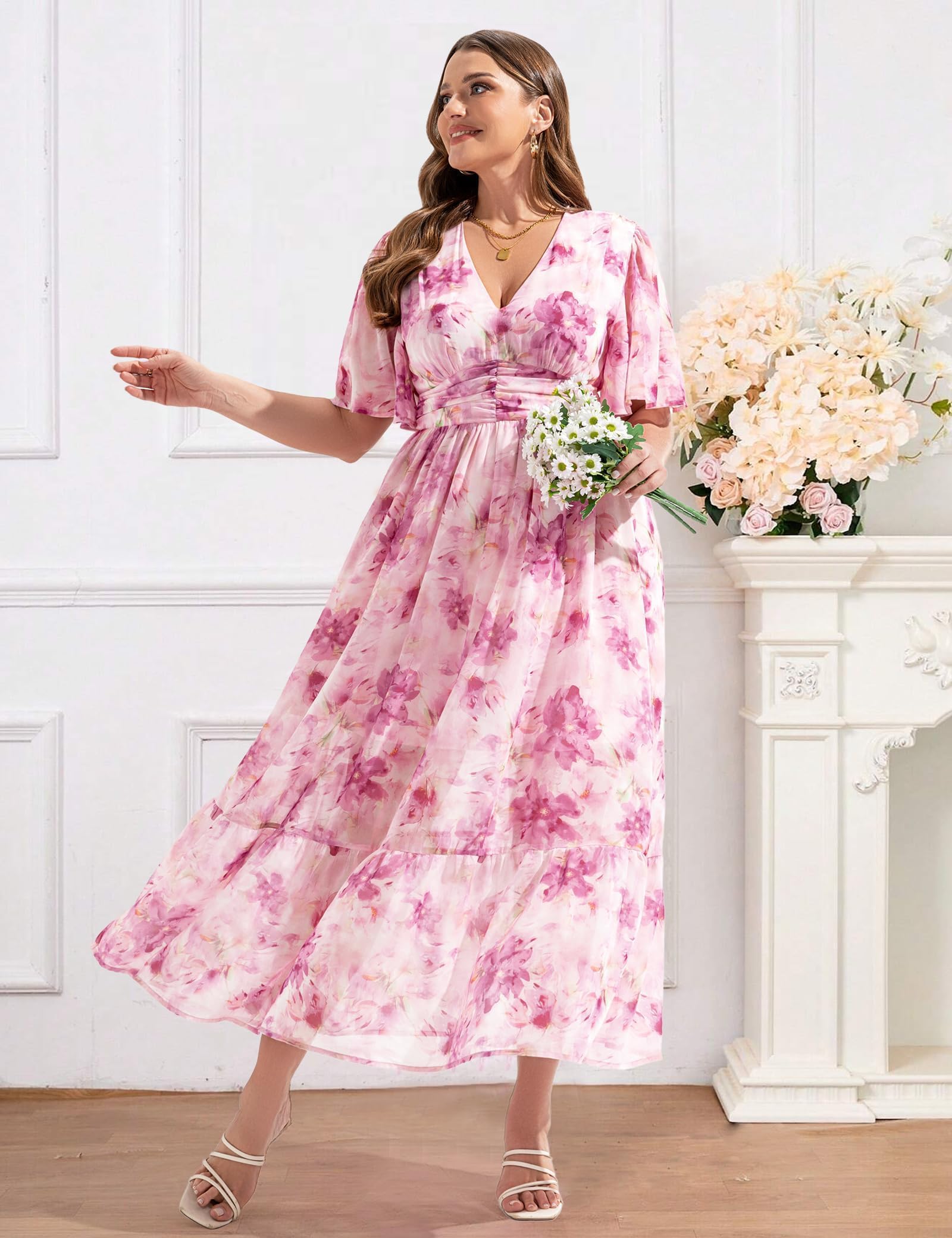 EYWOL Plus Size Wedding Guest Dress - Chiffon Floral Maxi Dress with Flutter Sleeves, Tea Party Dresses for Woman, V Neck High Waist Summer Dresses Pink