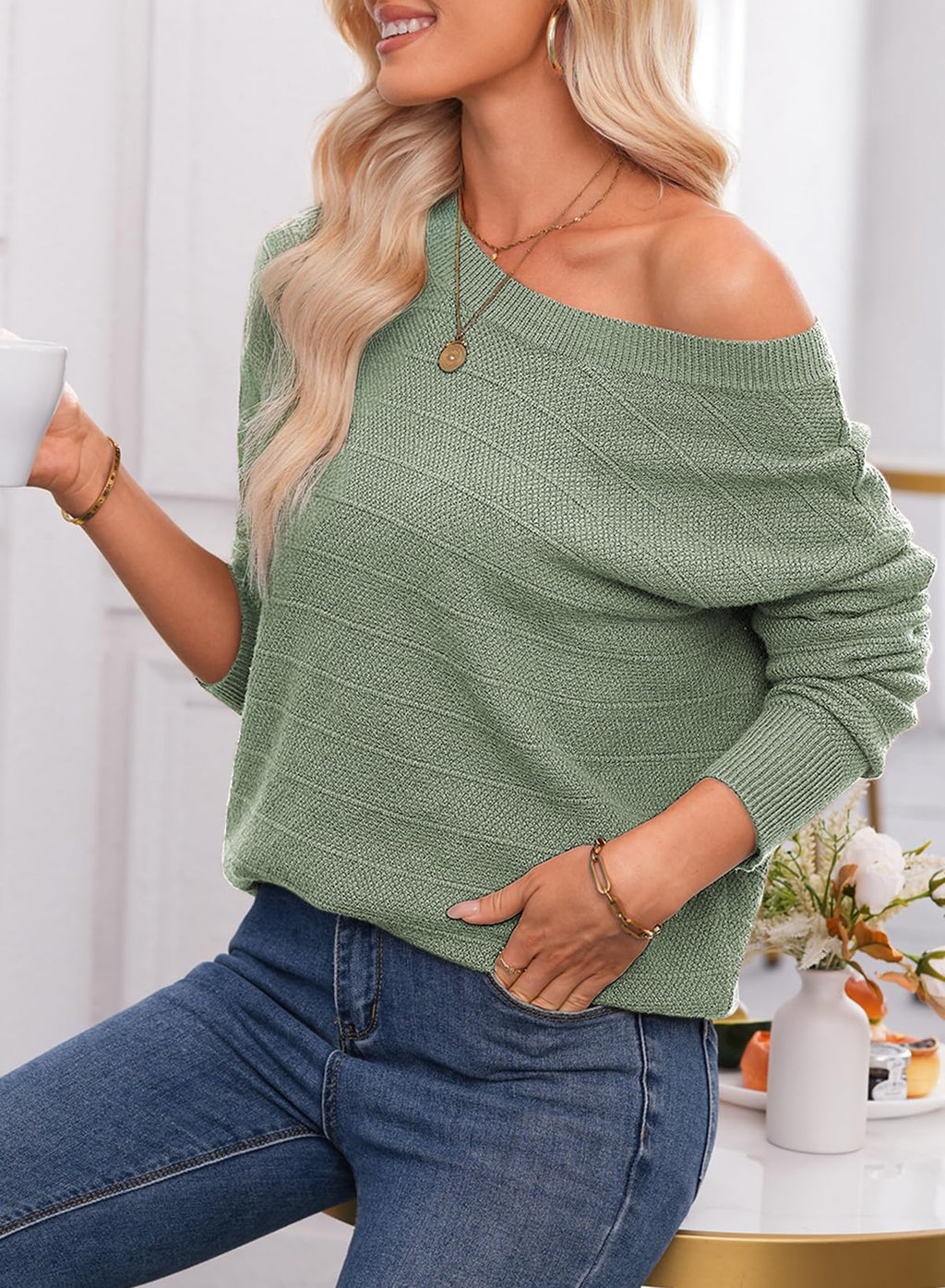 EVALESS Fall Sweaters for Women Long Sleeve Fashion Outfits 2025 Back Bow Knot Sweaters Round Neck Solid Trendy Cute Clothing Knit Pullover Sweater Tops Green Medium