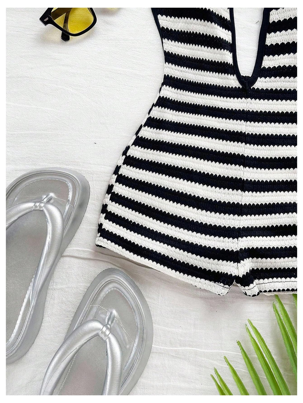 WDIRARA Women's Striped Textured Backless Halter Jumpsuits Deep V Neck Sleeveless One Piece Romper Black and White Small