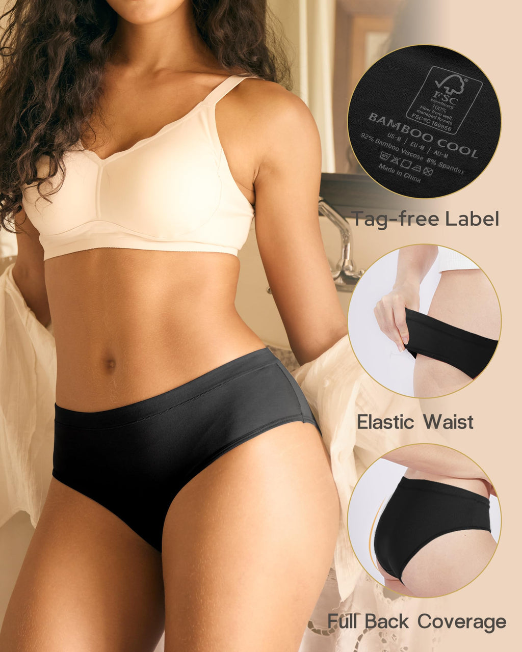 BAMBOO COOL Womens Underwear, Moisture-Wicking Briefs, Soft and Breathable Panties, Mid Waist, 5-Pack