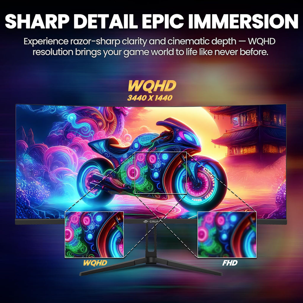 CRUA 34" Curved Gaming Monitor, IPS WQHD(3440x1440P) 120Hz 1900R 21:9 UltraWide PC Display, 130% sRGB, AMD FreeSync, Blue Light Filter, HDMI/DP Ports, Wall Mountable Installs– Black