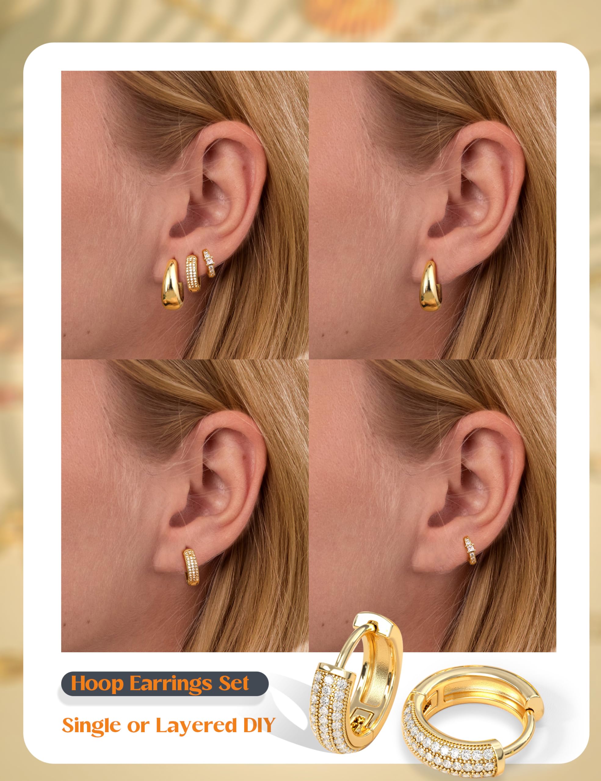 LOLIAS Small Chunky Hoop Earrings for Women, Non-Tarnish, Hypoallergenic, Huggie Silver Earring Stacks Set for Sensitive Ears, Multiple Piercing Jewelry, Lightweight, Classic 14K Gold Plated, 3 Pairs