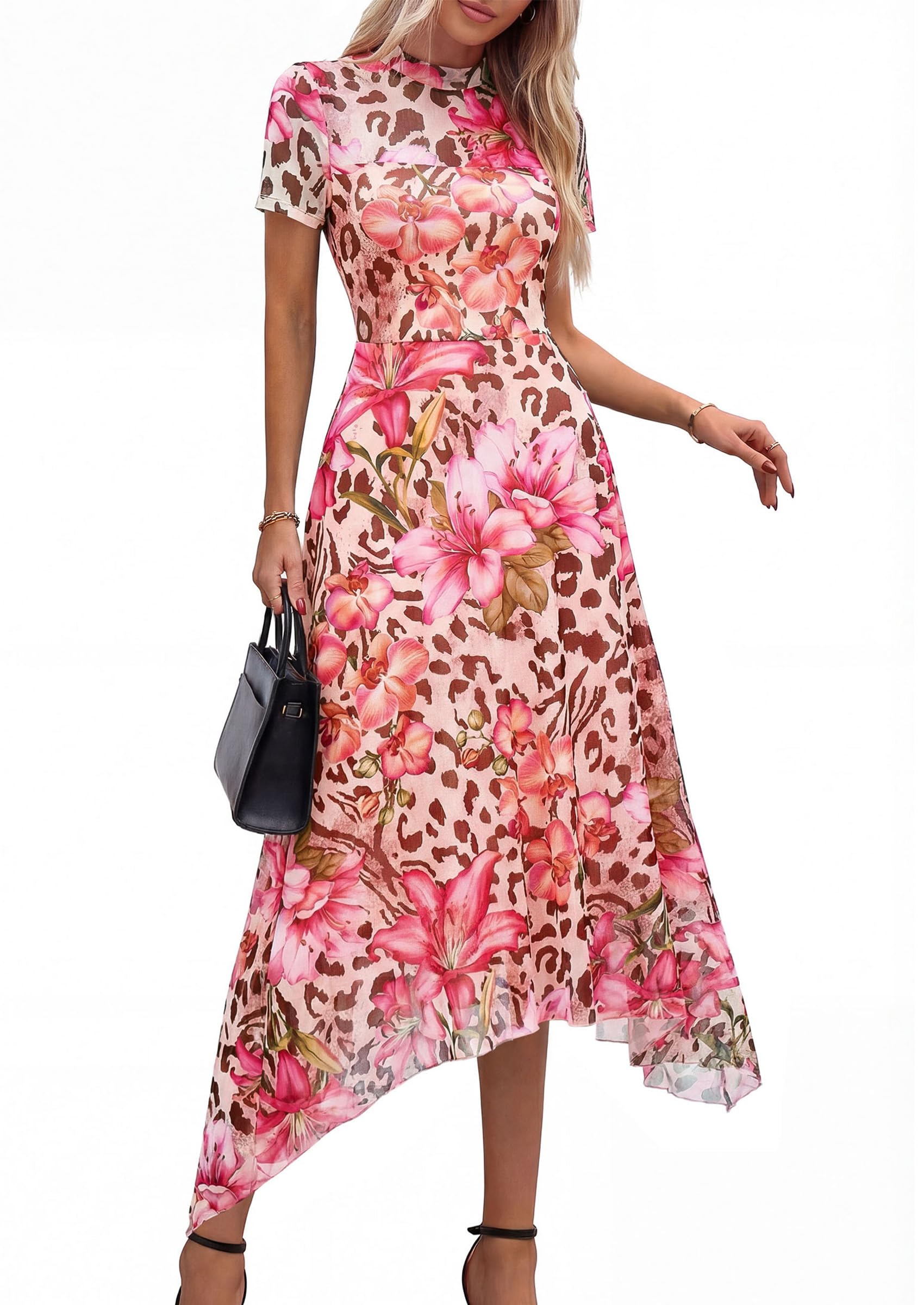 PRETTYGARDEN Cocktail Dresses for Women 2026 Summer Short Sleeve Floral Mesh Sheer Midi Party Wedding Guest Dress (Floral Apricot Leopard,Small)