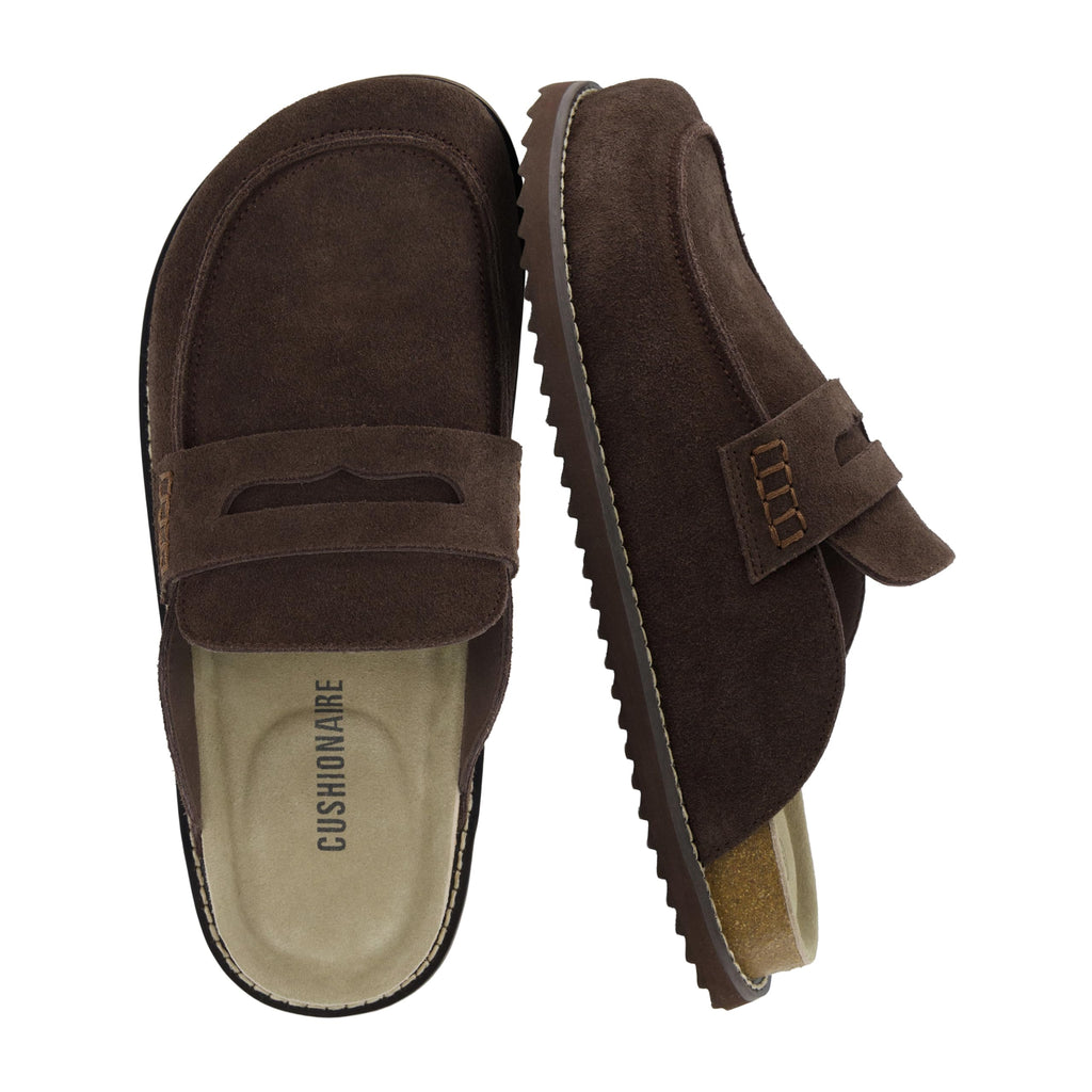 CUSHIONAIRE Wally Loafer-Style Suede Clogs for Men, Slip-On Backless Indoor Outdoor Mens Shoes with Cushioned Footbed, Brown 8