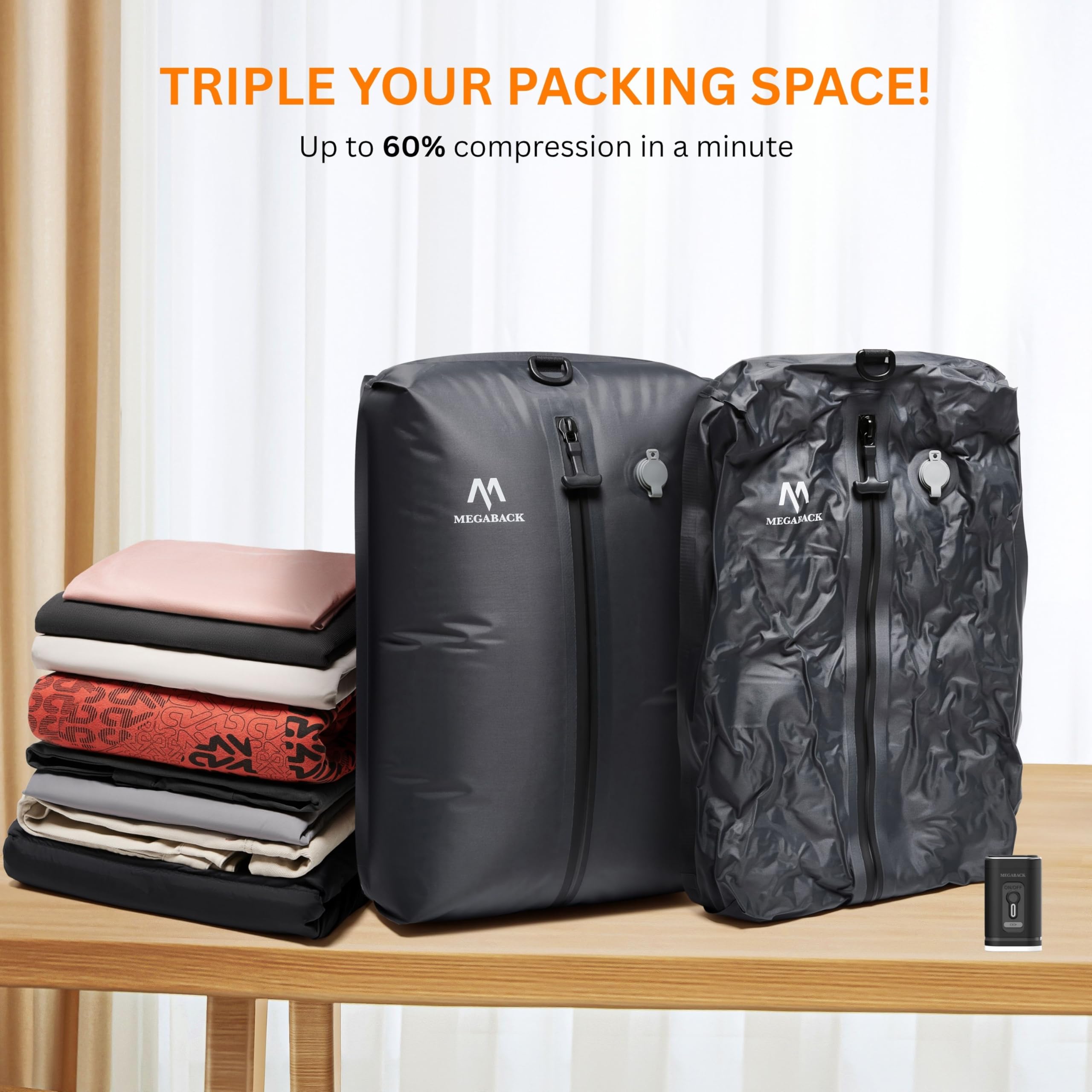 Megaback Vacuum Bags for Travel, IP67 Reusable Vacuum Seal Bags for Clothing with Electric Pump, Vacuum Seal Packing cube for Suitcases, Backpack & Travel (1PC+Pump)