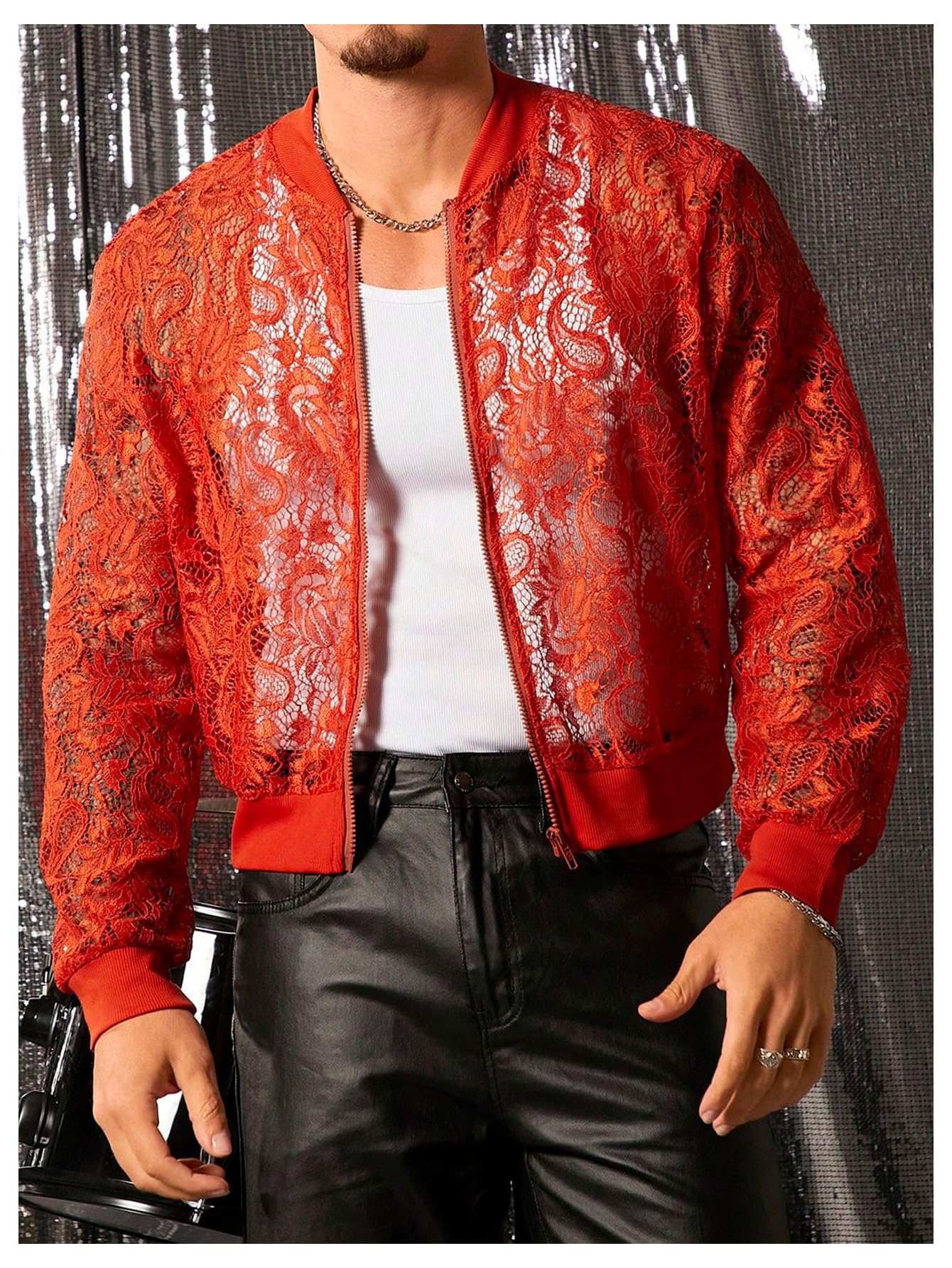 WDIRARA Men's Sheer Floral Lace Bomber Jackets Long Sleeve See Through Coats Zip Up Outerwear Red 3X-Large