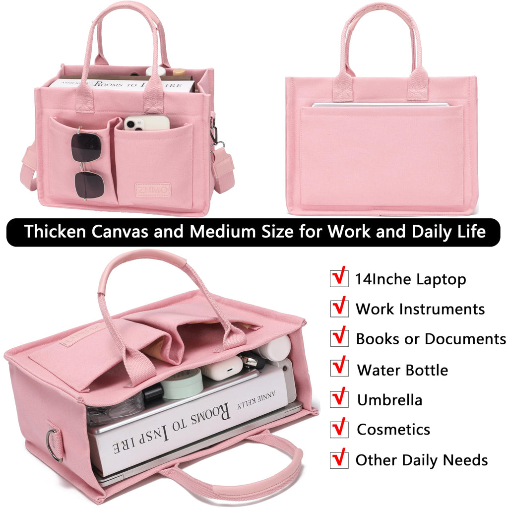 ZHMO Canvas Tote Bag for Women With Compartments and Pockets,Pink Women's Bags Crossbody Bags Work Laptop Tote Bag Large Satchels Handbag Tote Purse Everyday Shoulder Bag for Travel Nurse Teacher Gift