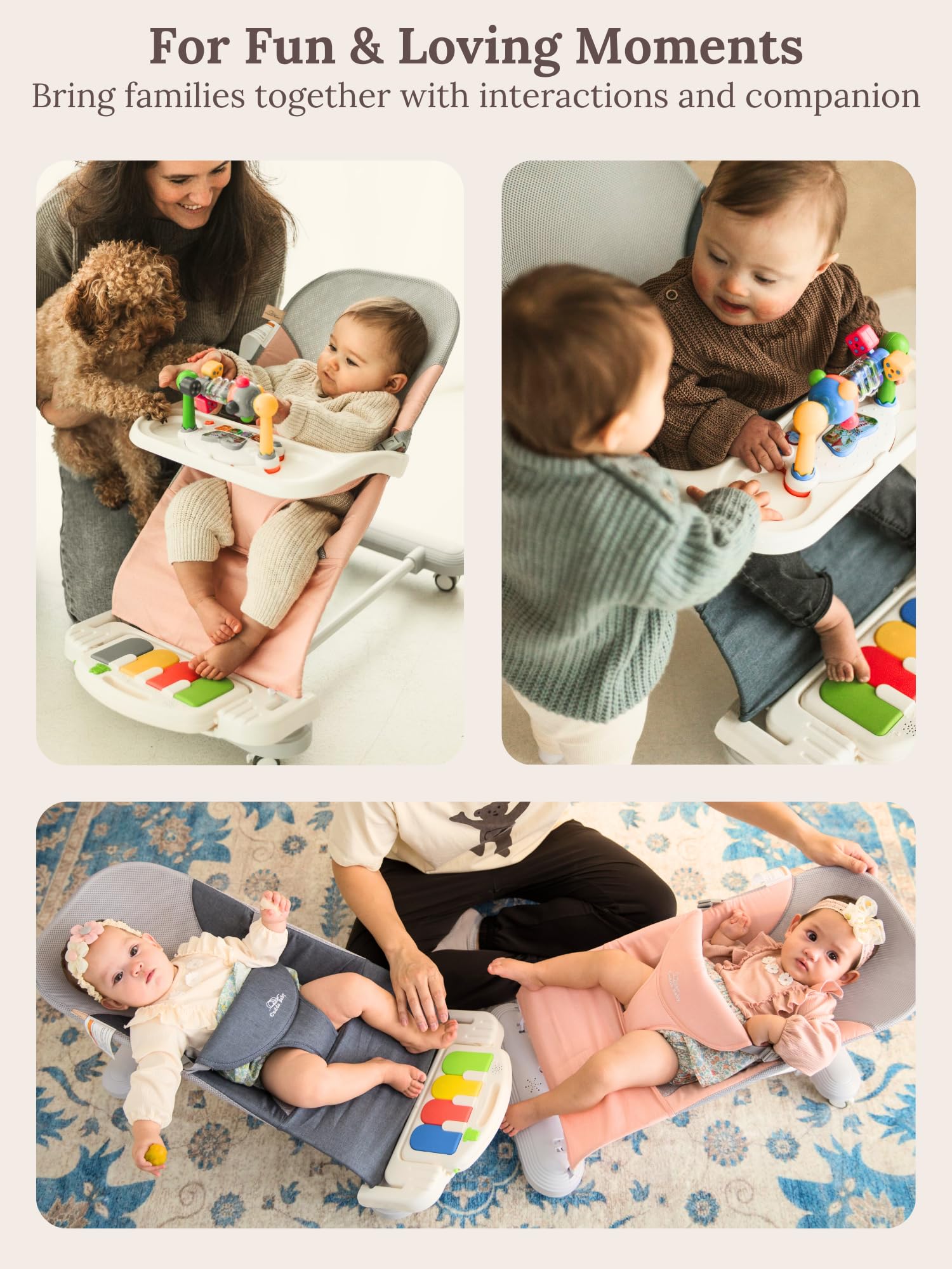 CuddoBaby Baby Bouncer 4-in-1 on Wheels |Detachable Pianos, Feeding Tray| 3-Level Recline Foldable Seat with Play Bar for Infant to Toddler 0-6, 0-12, 12-24 Months, Boy Gift Idea - Blue