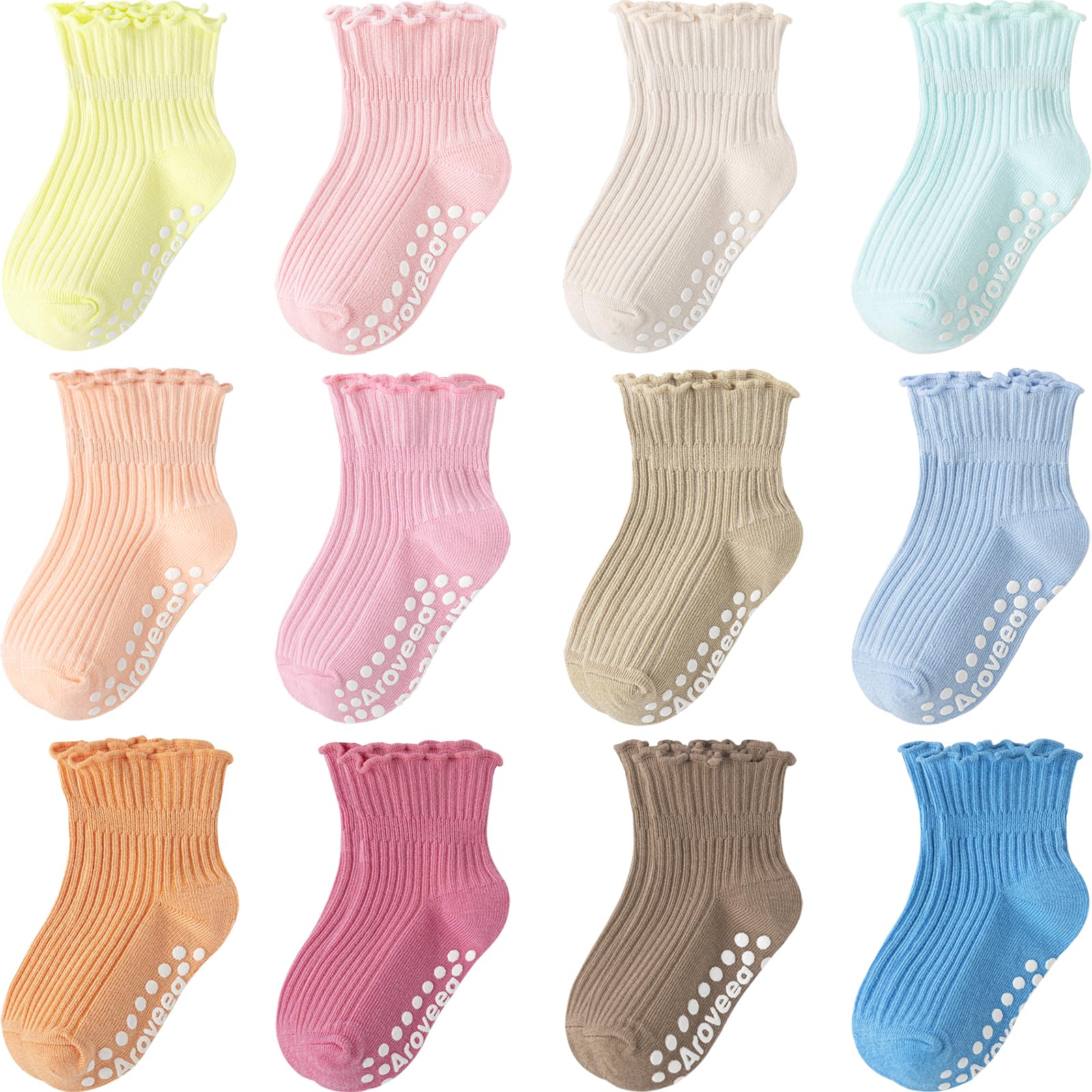 Aroveea Baby Toddler Girls Socks Grip Ruffle Non Slip Girls Cotton 12 Pack Socks for 1-3T Kids Cute Ankle 6M-7Years