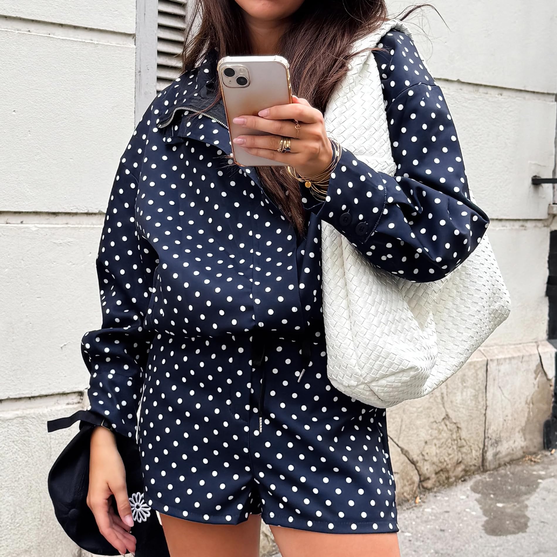 Songling Women Bomber Jacket Casual Coat Zip Up 2025 Trendy Fall Outfits Lightweight Polka Dot Puffer Jacket with Pockets(Navy,M)