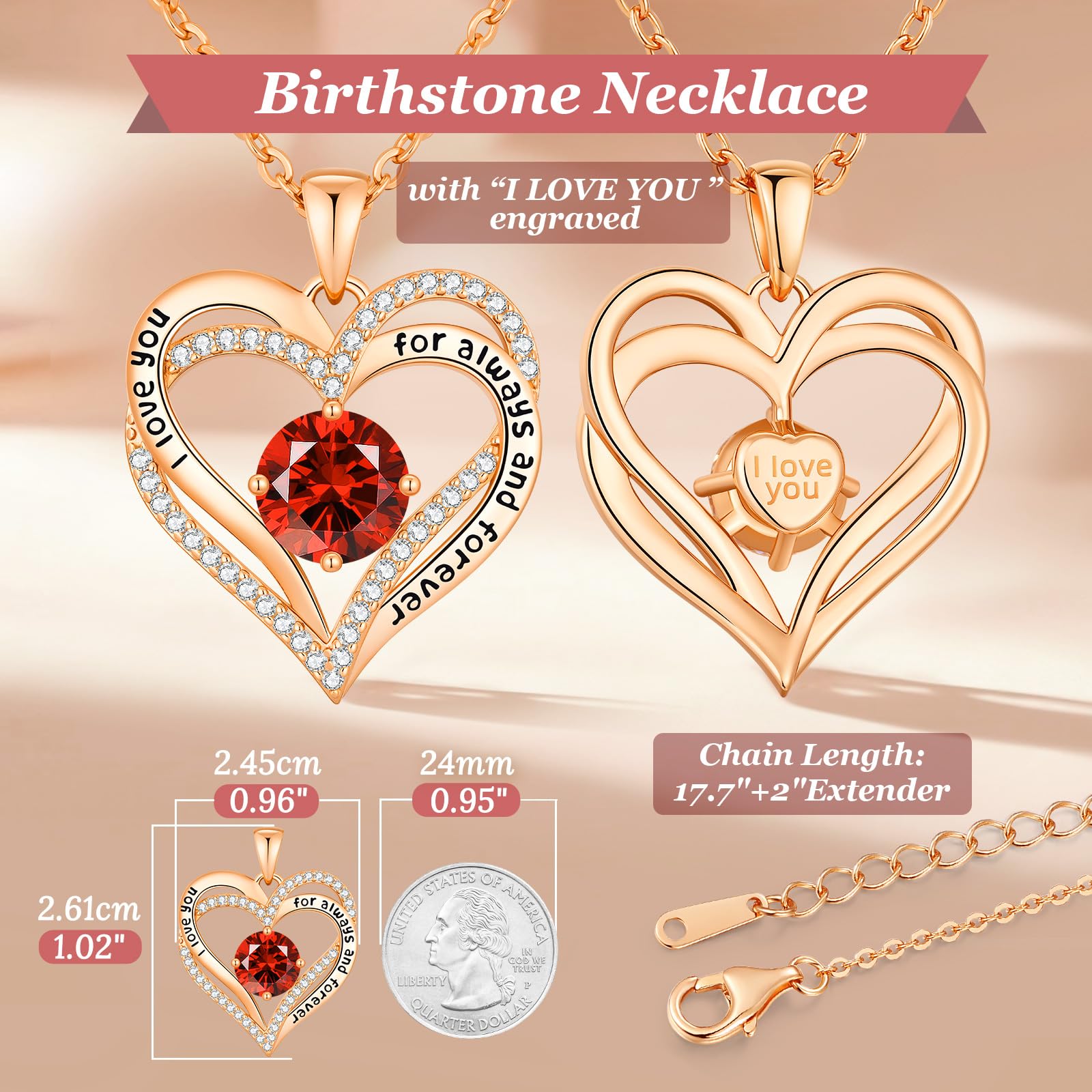 CDE Valentine's Day Gift Forever Love Heart Necklaces for Women, Wedding Anniversary, Birthday Mothers Christmas Day Gifts for Mom, Mother, Wife, S925 Silver Jewelry with Birthstone Pendant (Brass Rose Gold, Rose Gold-01/07-Jan/July)
