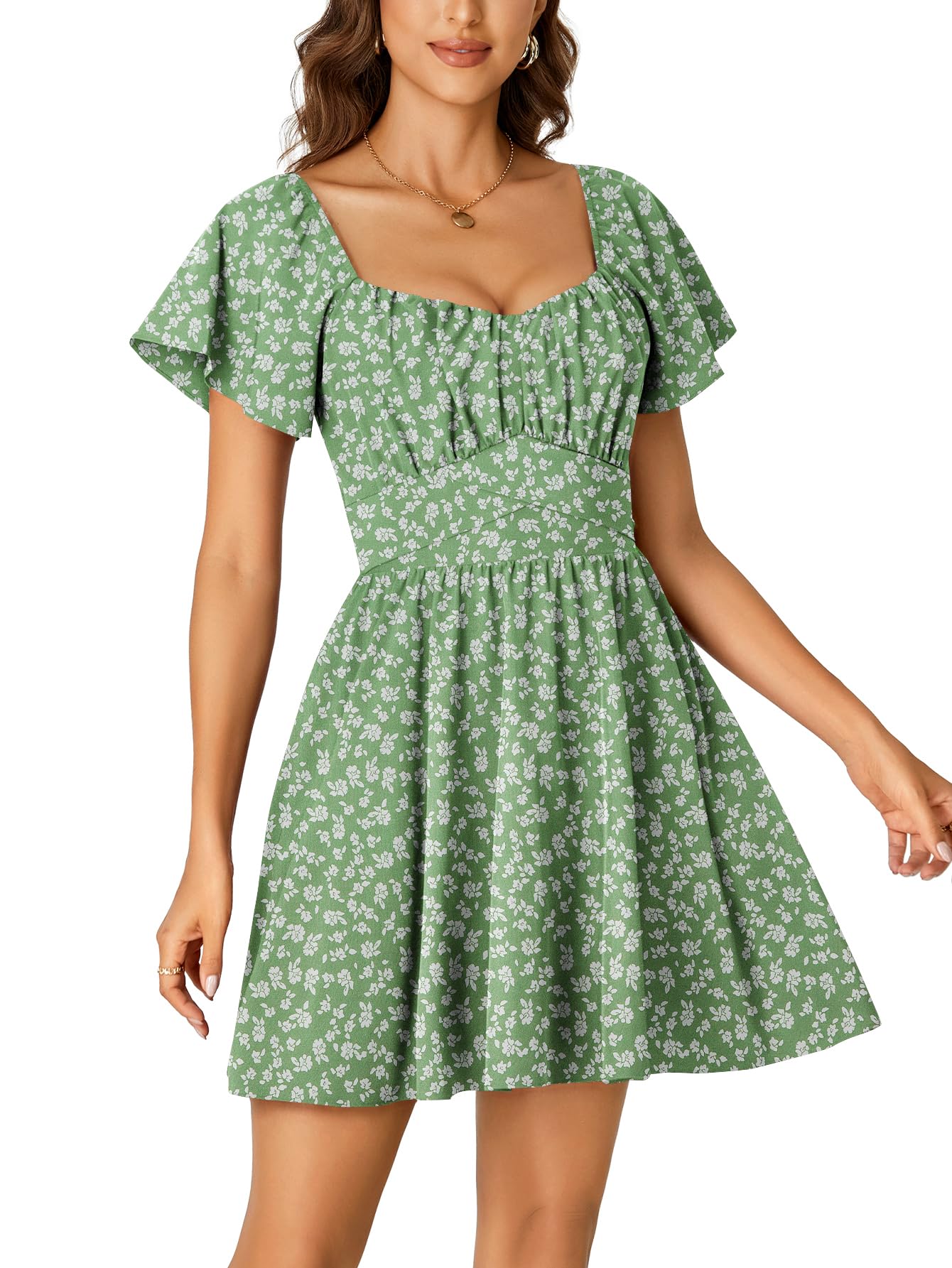 Rooscier Women's Tie Back Square Neck Ruffle Wrap Short Sleeve Flare Mini Dress Green Floral Medium
