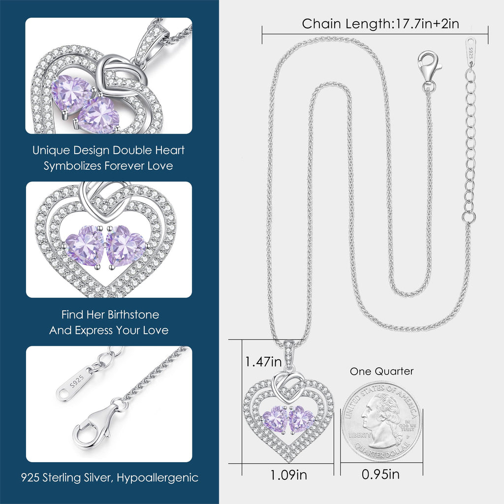 LOUISA SECRET Sparkling Double Heart Birthstone Necklaces for Women, 925 Sterling Silver Fine Jewelry, Pendant Heart Necklaces Birthday Anniversary Christmas Gift for Women Wife Mom Girlfriend Lady