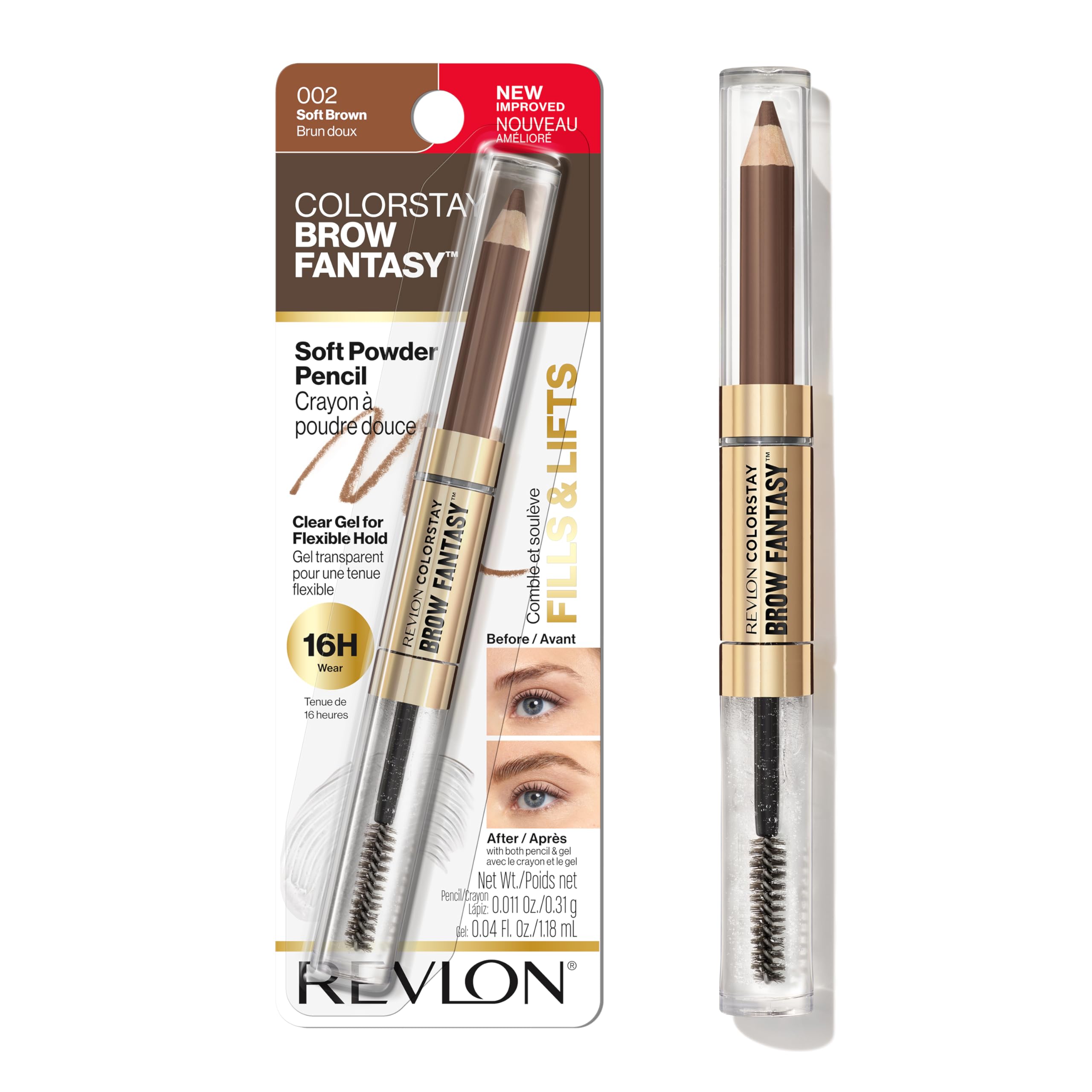 Revlon ColorStay Brow Fantasy, All In One Eyebrow Powder Pencil with Shaping Clear Gel, Gel Infused with Panthenol, Smudge-proof, 16HR Visibly Full Brows, 002 Soft Brown