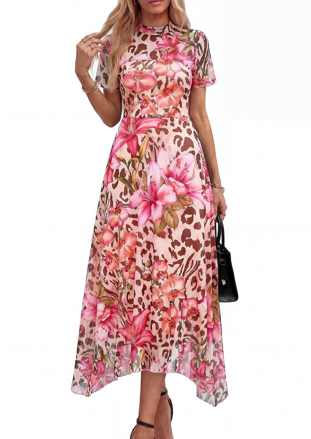 PRETTYGARDEN Cocktail Dresses for Women 2026 Summer Short Sleeve Floral Mesh Sheer Midi Party Wedding Guest Dress (Floral Apricot Leopard,Small)