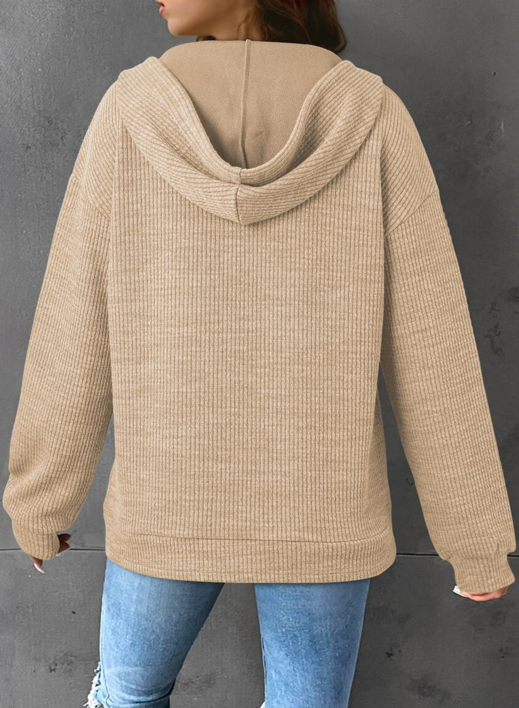 Dokotoo Womens Fall Fashion 2025 Oversized Sweatshirt for Women Ribbed Knit Long Sleeve Drawstring V Neck Hoodies Cute Ladies Sweaters Pullover Sweatshirts Tunic Tops and Blouses Apricot Medium