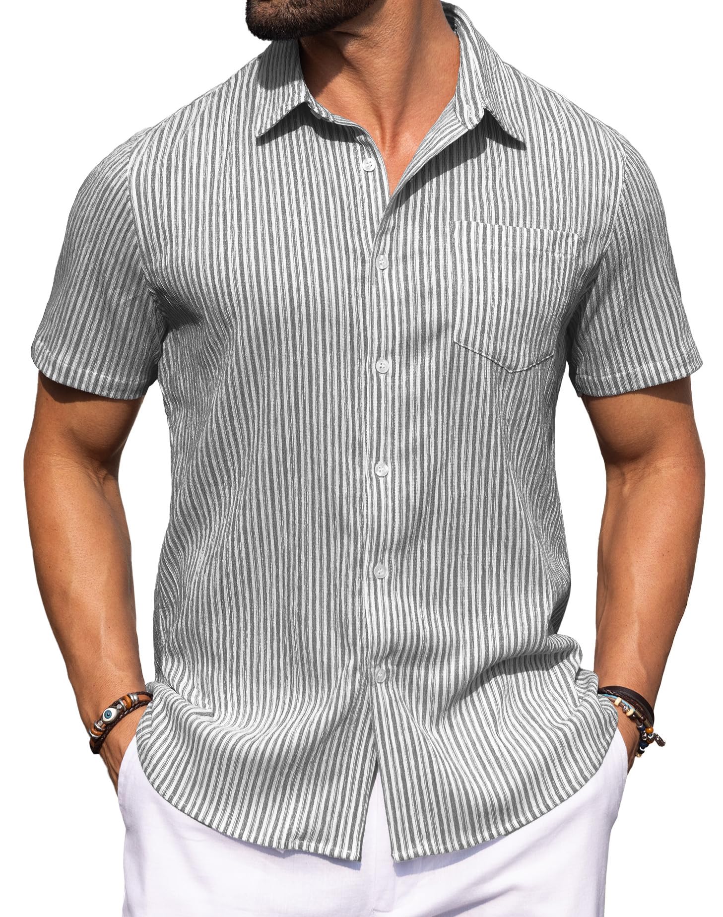Sailwind Men's Casual Button Down Shirts Short Sleeve Striped Beach Summer Vacation Shirt with Pocket